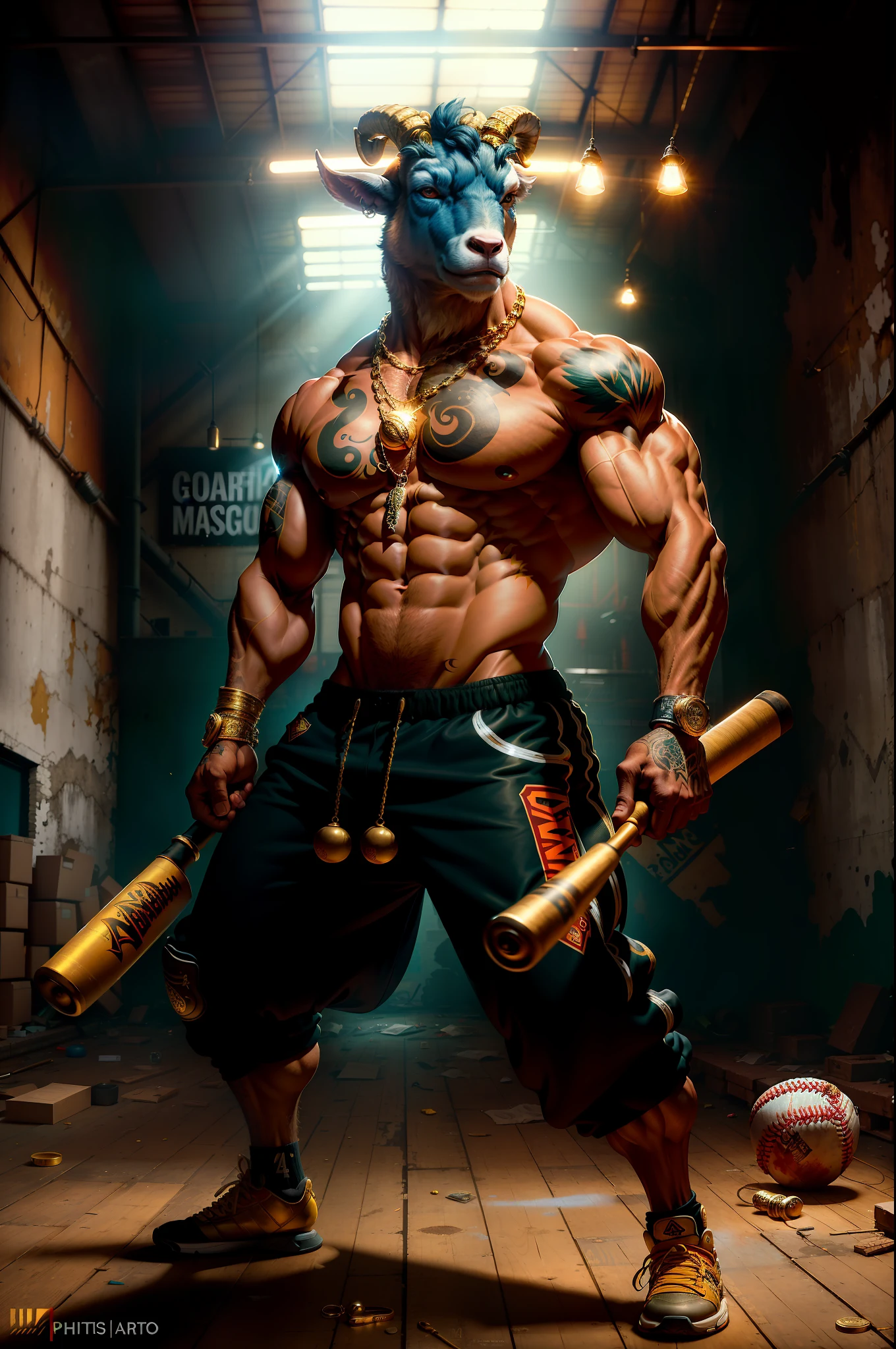 ((best quality)), ((ultra-detailed)), ((masterpiece)), photography, scene: spacious abandoned warehouse, theme: anthropomorphic animal mafia, character: goat, appearance: muscle building, action: combat posture, expression: fierce, holding a baseball bat, gold necklace, bare upper body, sports mafia tattoos, perspective: 4K.