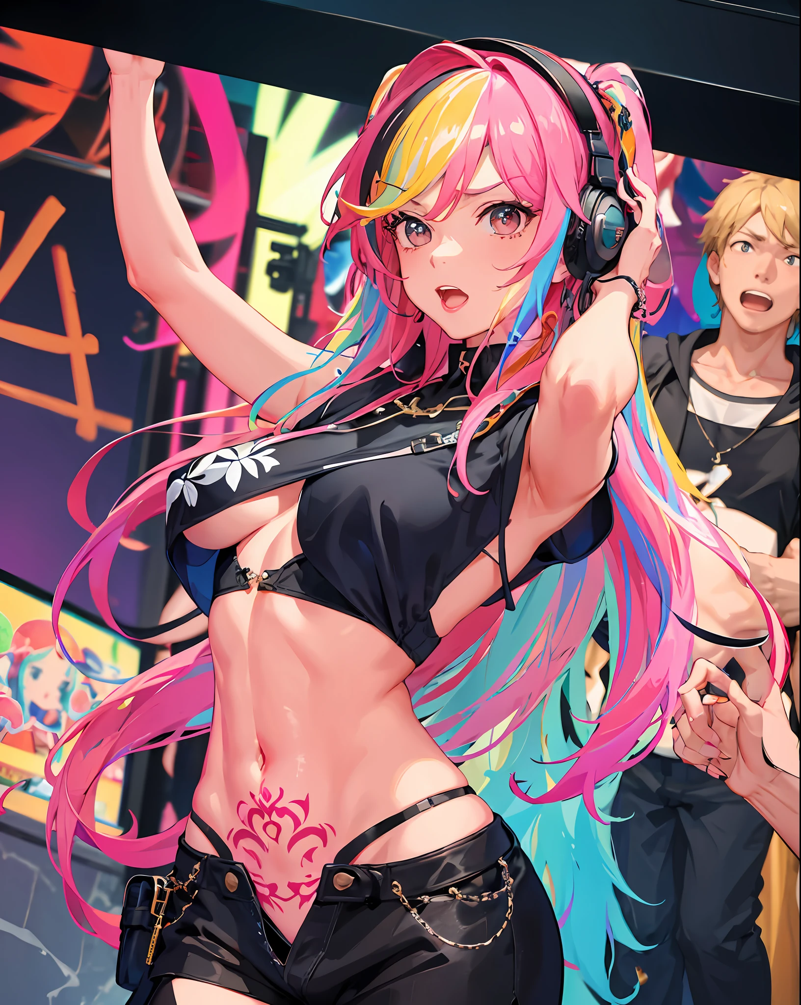 masterpiece, couple, dynamic, raise hands, shout, face up, striking eyes, fine skin texture, confident lol, overhead view, strabismus, high resolution, profoto, street corner, crotch, pink, sheer bra, spotlight, rock singer, 1girl, solo, rainbow hair, hoodie, navel, straight hair, hands in pocket, headphones, long hair, tattoo