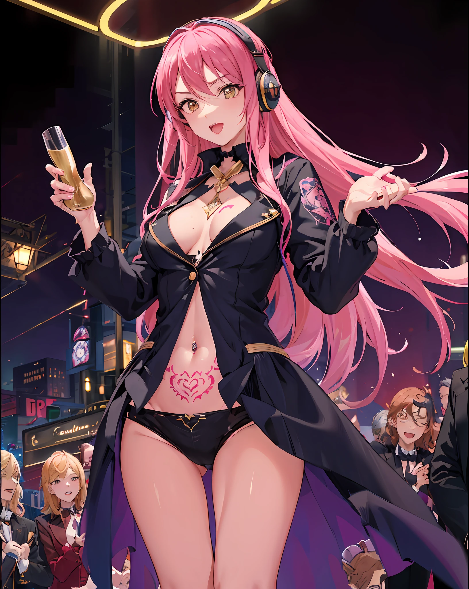 masterpiece, couple, dynamic, host club, champagne tower, hands raised, rasson, confident lol, overhead view, strabismus, high resolution, profoto, street corner, crotch, pink, sheer, spotlight, rock singer, 1girl, solo, rainbow hair, hoodie, navel, straight hair, hands in pocket, headphones, long hair, tattoo