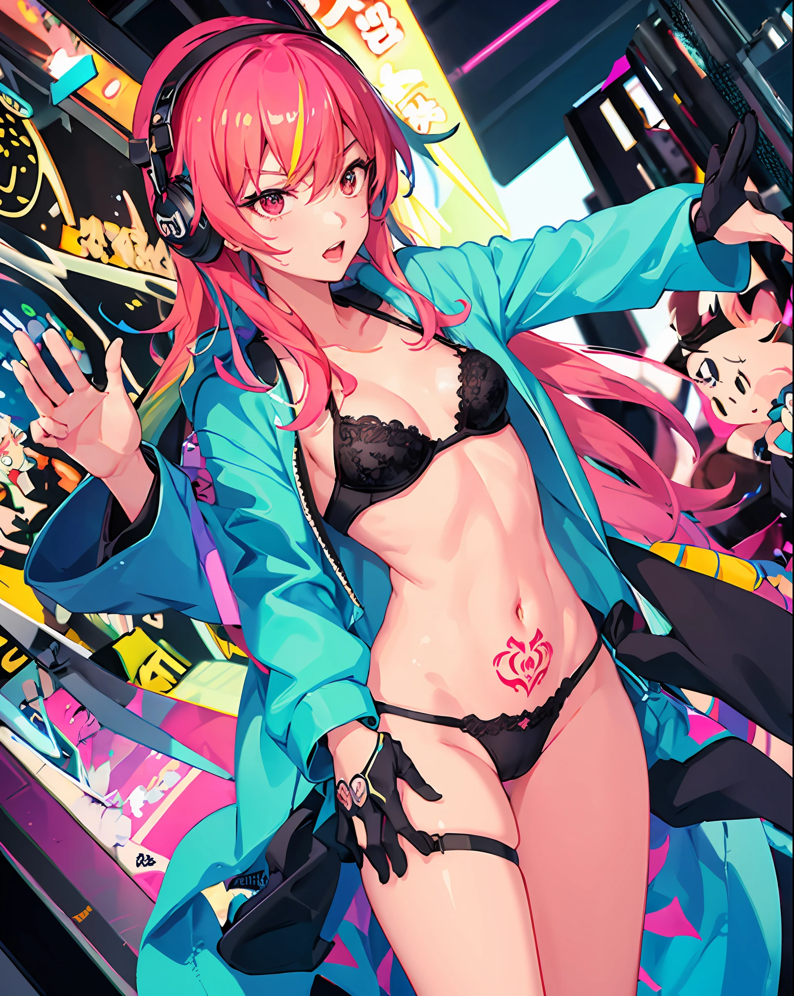 masterpiece, couple, dynamic, kabukicho, downtown, raise hands, shout, face up, impressive eyes, fine skin texture, confident lol, overhead view, strabismus, strabismus, strabismus, high resolution, profoto, street corner, crotch, pink, sheer bra, spotlight, rock singer, 1girl, solo, rainbow hair, hoodie, navel, straight hair, hands in pocket, headphones , Long Hair, Tattoo