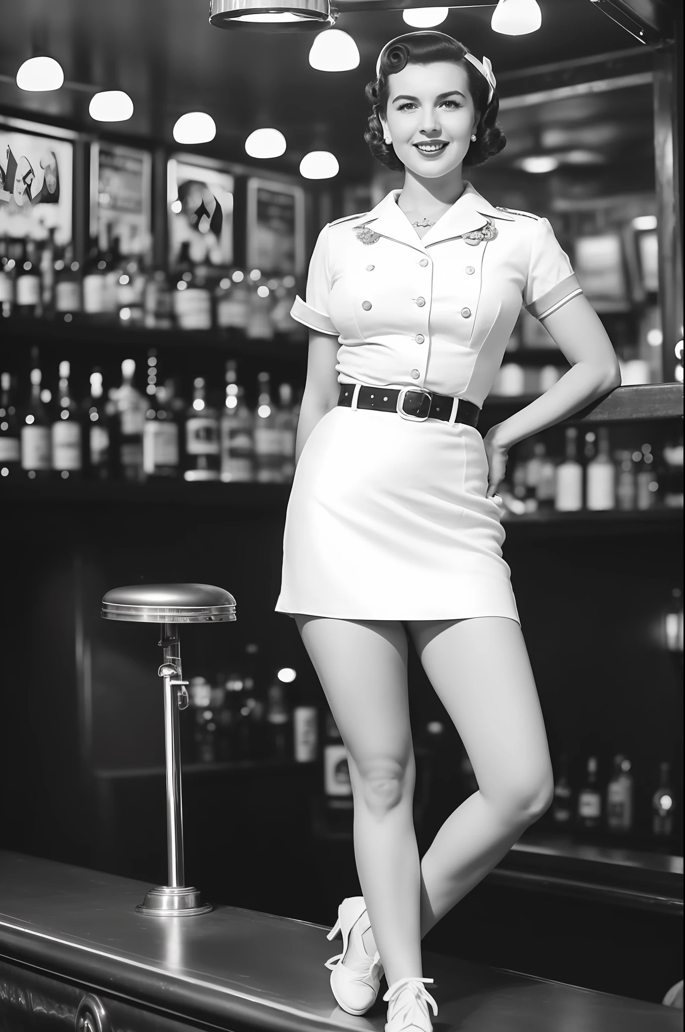 full body portrait of Betty (styled in a 1940's, Sailor Dress, highly detailed:1.3), (highly detailed face:1.8), (1940's Pompadour Hairstyle:1.3), (slim body, small breasts, small hips:1.5), (leaning back on the bar:1.5), (background inside a dark, old, 1940's big-band bar:1.4), (soft studio lighting, volumetric shadows), JCH Street Pan, ISO 100