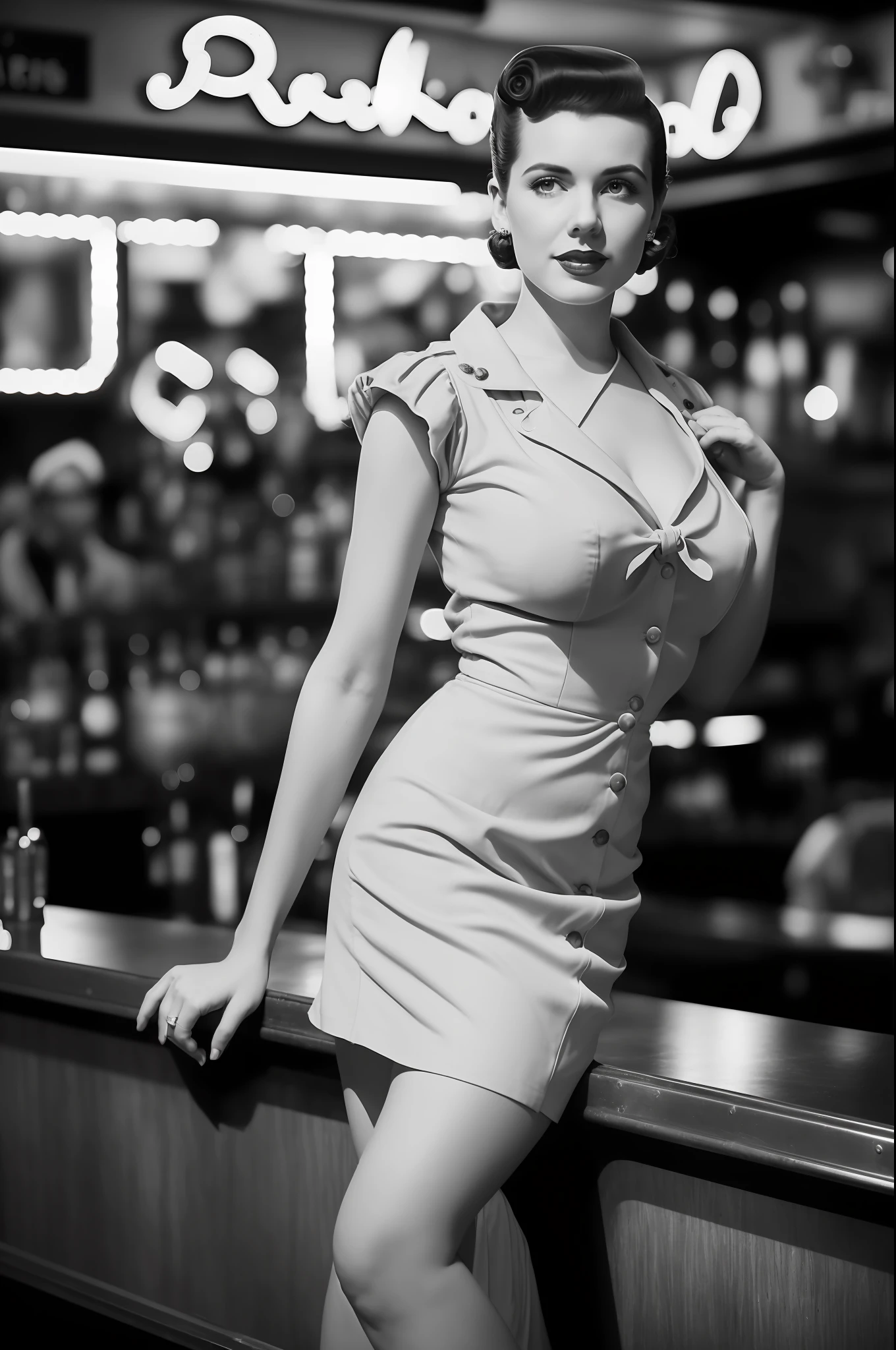 full body portrait of Betty (styled in a 1940's, Sailor Dress, highly detailed:1.3), (highly detailed face:1.8), (1940's Pompadour Hairstyle:1.3), (slim body, small breasts, small hips:1.5), (leaning back on the bar:1.5), (background inside a dark, old, 1940's big-band bar:1.4), (soft studio lighting, volumetric shadows), JCH Street Pan, ISO 100