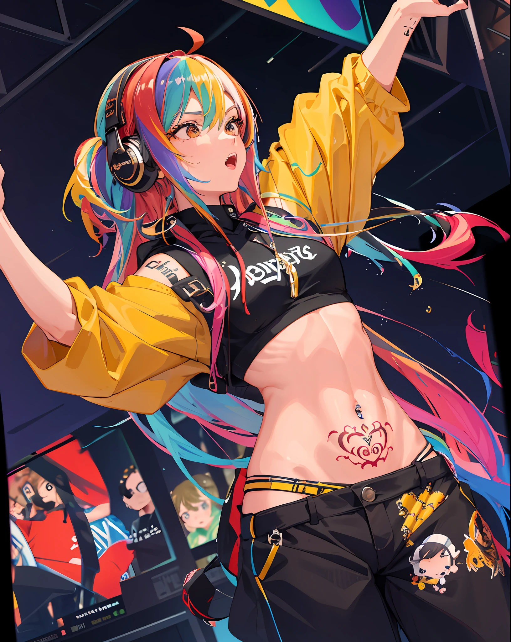 masterpiece, dynamic, overhead view, look up, confident lol, overhead view, squint, hi-res, profoto, concert venue, spotter light, rock singer, 1girl, solo, rainbow hair, hoodie, belly button, straight hair, hands in pockets, headphones, long hair, tattoo