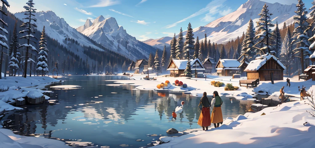 masterpiece, ultra detailed, realistic shadows, pebo nodico near a Cirtalian lake teeming with life, peasants walking the streets and merchants selling fruit, snowy mountains and green bsoques on the horizon in the morning light.