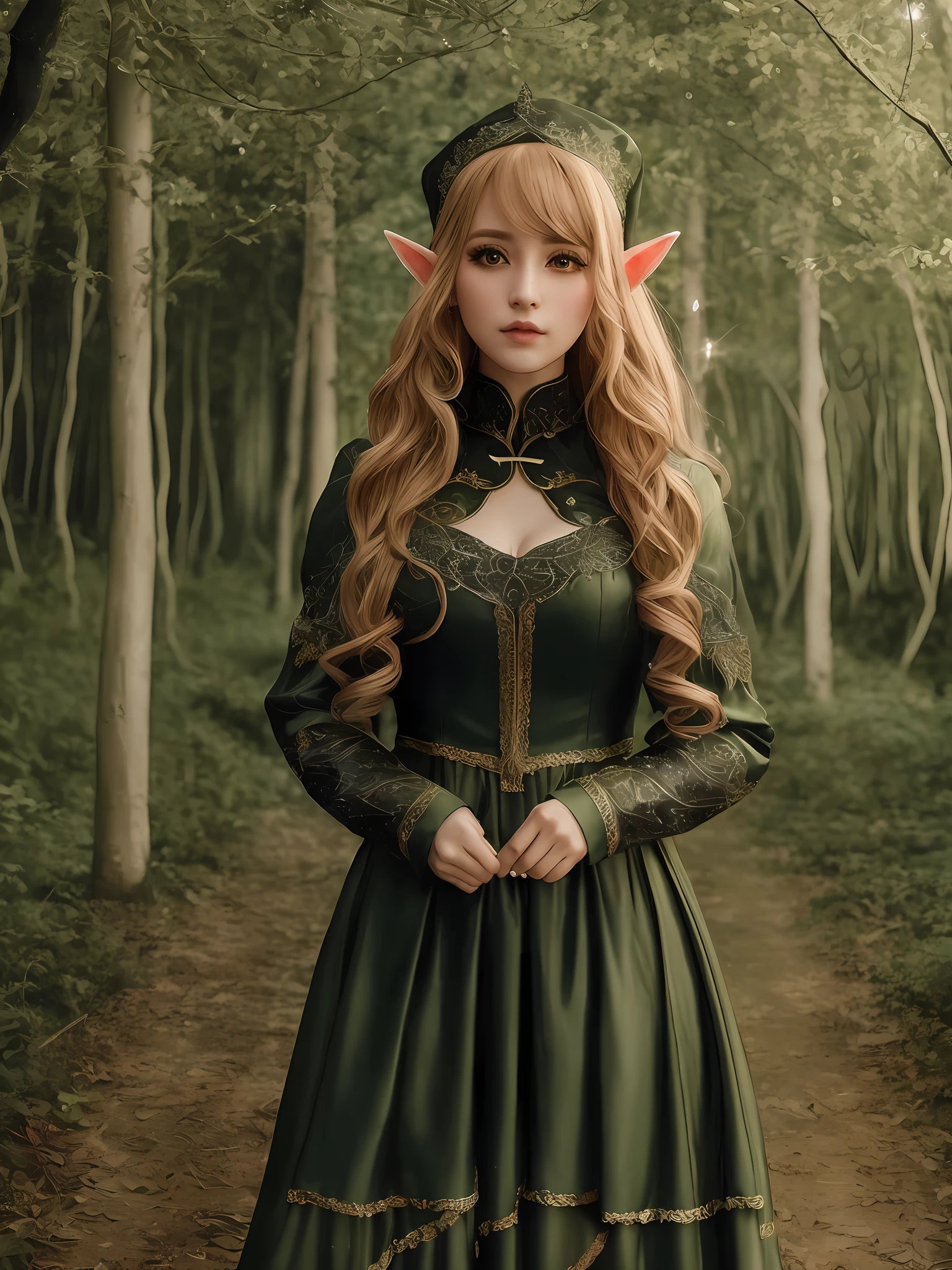 an elf girl with long straight almond curly hair, sharp eyes, sparkling with a sharp glow, wearing medieval clothes, in a dark and gloomy forest, ((best quality)), ((masterpiece)), (high-resolution:1.2)