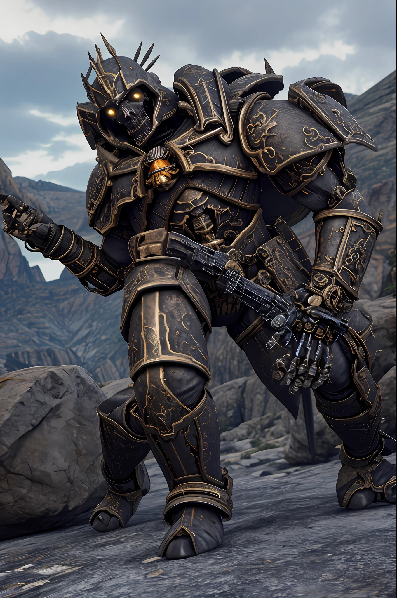 skeleton,warhammer 40k,space marine,intricate ornamented black gold ruby armor,adepta sororitas,dynamic posture,male,Polar desert landscape background,volumetric cinematic lighting,highly detailed skull,realistic reflections,
Negative prompt: boring,badly drawn,bad artist,(worst quality:1.4),simple background,uninspired,(bad quality:1.4),monochrome,low background contrast,background noise,duplicate,crowded,breasts,
Size: 576x768, Seed: 644146401, Model: AA_Main_deliberate_v2, Score: 6.78, Steps: 40, Version: v1.2.0, Sampler: DDIM, CFG scale: 6, Model hash: 9aba26abdf, Hires upscale: 1.5, Hires upscaler: Lanczos, Denoising strength: 0.55