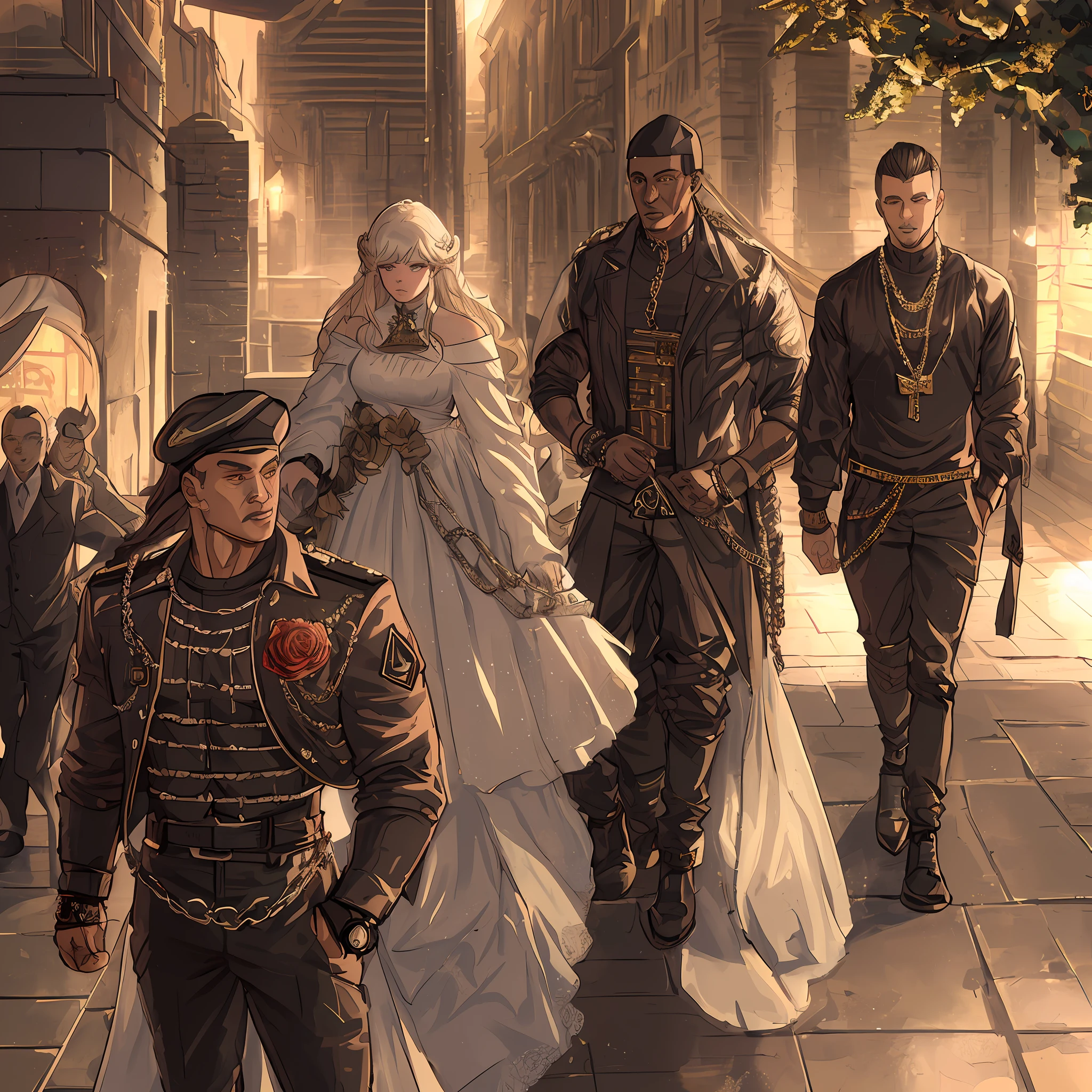 Soldier, gang clothes, sniffing a dragon, rappers, chains, rings, muscles, strength, succession to Lamborghini, Roses, and Mercedes, loyal gang members,, ultra wide angle, bokeh, dreamy glow, moody lighting