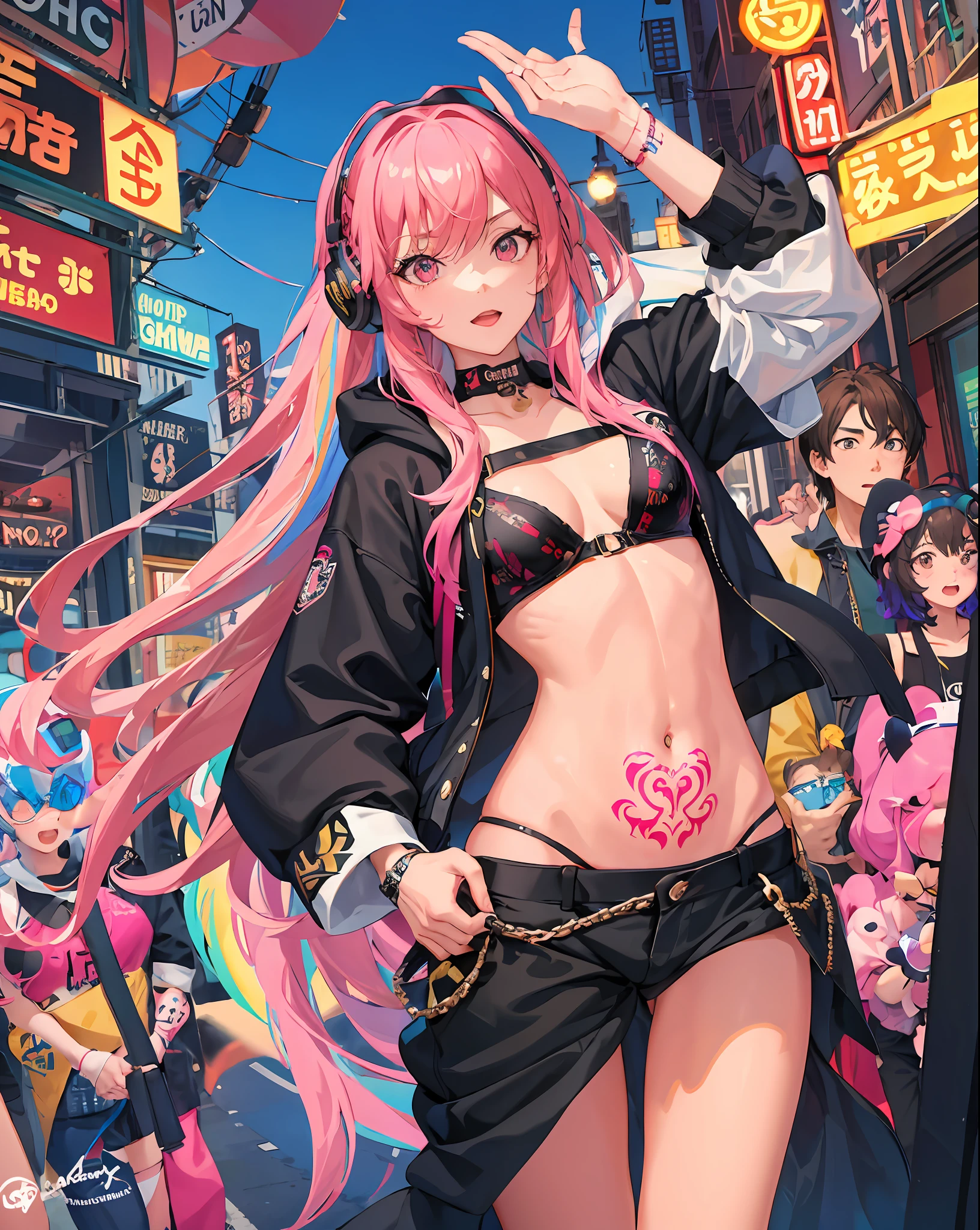 masterpiece, couple, dynamic, amusement park, raise your hands, confident lol, overhead view, strabismus, high resolution, profoto, street corner, crotch, pink, sheer, spotlight, rock singer, 1girl, solo, rainbow hair, hoodie, navel, straight hair, hands in pockets, headphones, long hair, tattoo