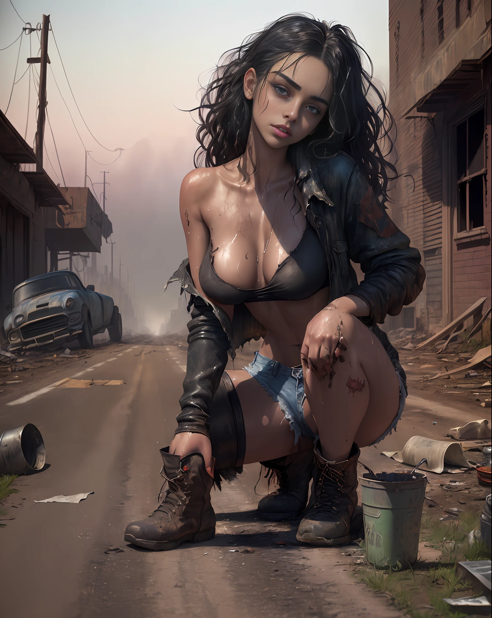 Yael Shelbia (beautiful and bold, seductive and attractive, blue eyes, pointed breasts, long curly black hair, sweaty body, open shirt, short shorts, m, boot, thick legs). (deserted road, dirt road, blood, smoke, abandoned cars, newspapers, abandoned objects, bodies lying on the ground, abandoned road, apocalyptic scenery, cinematic effect), (Best quality, masterpiece, depth of field, Full HD, 4K, richness of detail). Portrait style