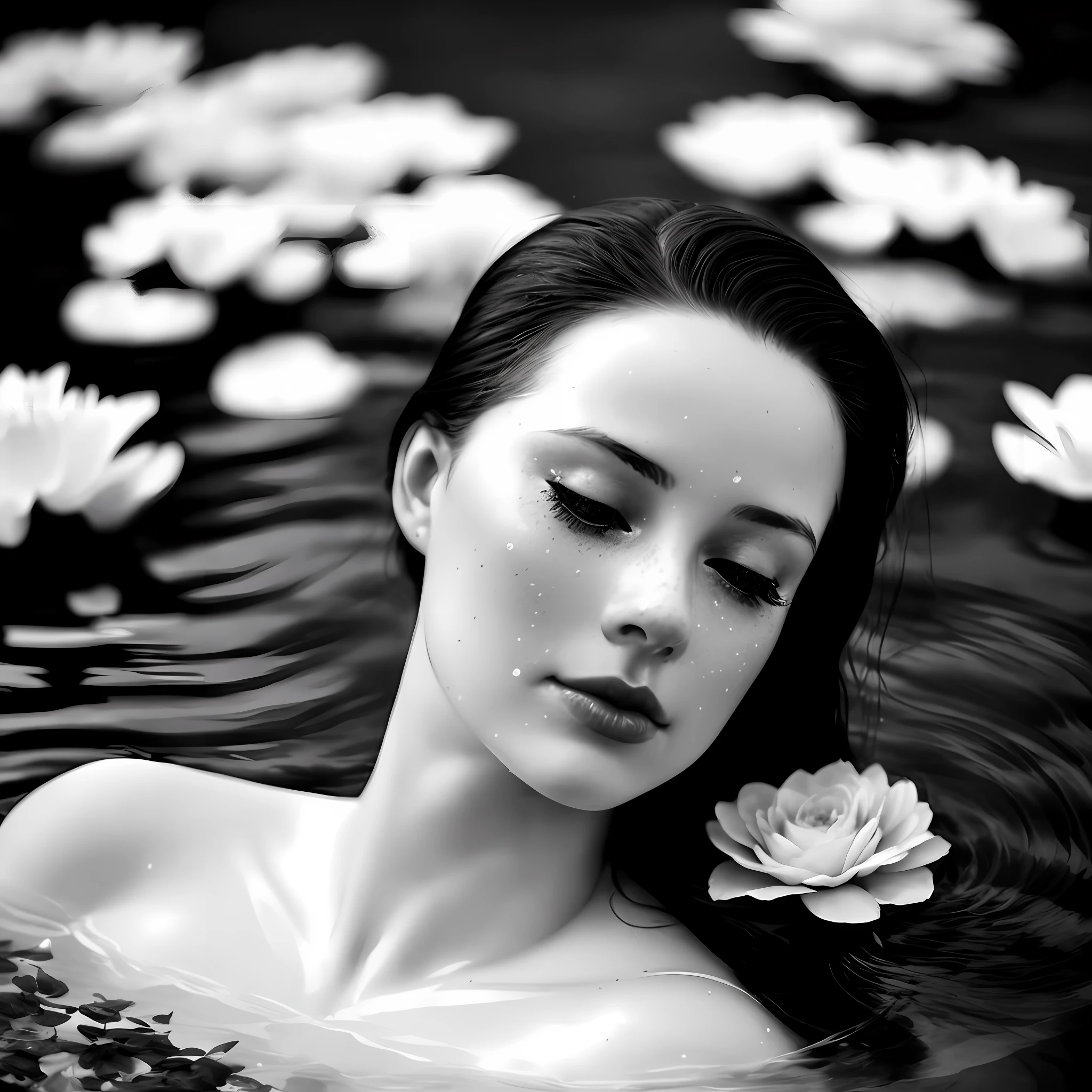 arafed woman with freckles in water with flowers, nymph in the water, flora borsi, black and white artistic photo, beautiful portrait photo, serene expression, beautiful woman, very beautiful photo, floating in water, floating in perfume, girl floating in a flower field, beautiful gorgeous digital art, ophelia, portrait shot, submerged in water, beautiful photo, flowers