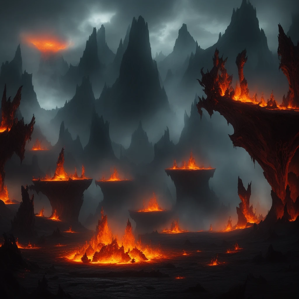 The Infernal Abyss is a treacherous battleground set deep within the fiery depths of hell.
It is a nightmarish landscape of eternal torment and unforgiving chaos.
The stage is surrounded by towering obsidian cliffs, spewing molten lava that cascades down their jagged edges.
The air is thick with sulfurous fumes and the acrid scent of brimstone.
In the center of the stage lies a massive circular platform, suspended above a lake of bubbling lava.
The platform is adorned with demonic symbols etched into its surface, pulsating with an ominous glow.
Fiery geysers periodically erupt from the molten depths below, sending scorching waves of heat across the battlefield.
Gnarled and withered trees, twisted by the relentless flames, dot the outskirts of the stage.
They stand as eerie sentinels, their branches devoid of leaves, emitting an eerie red glow.
Occasional bursts of embers and sparks rise from the charred ground, casting an eerie and flickering illumination upon the hellish scenery.
From time to time, ominous demonic figures, trapped in eternal torment, emerge from the shadows, watching the battle unfold with malicious delight.
Their wails and moans echo through the infernal domain, adding to the haunting atmosphere.
As the fight rages on, the backdrop morphs, revealing glimpses of other infernal realms.
Phantasmal creatures and serpentine demons slither through the fiery cracks, momentarily glimpsed between the chaos.
The ground occasionally shifts, creating perilous platforms or chasms that threaten to consume any unfortunate combatants who misstep.