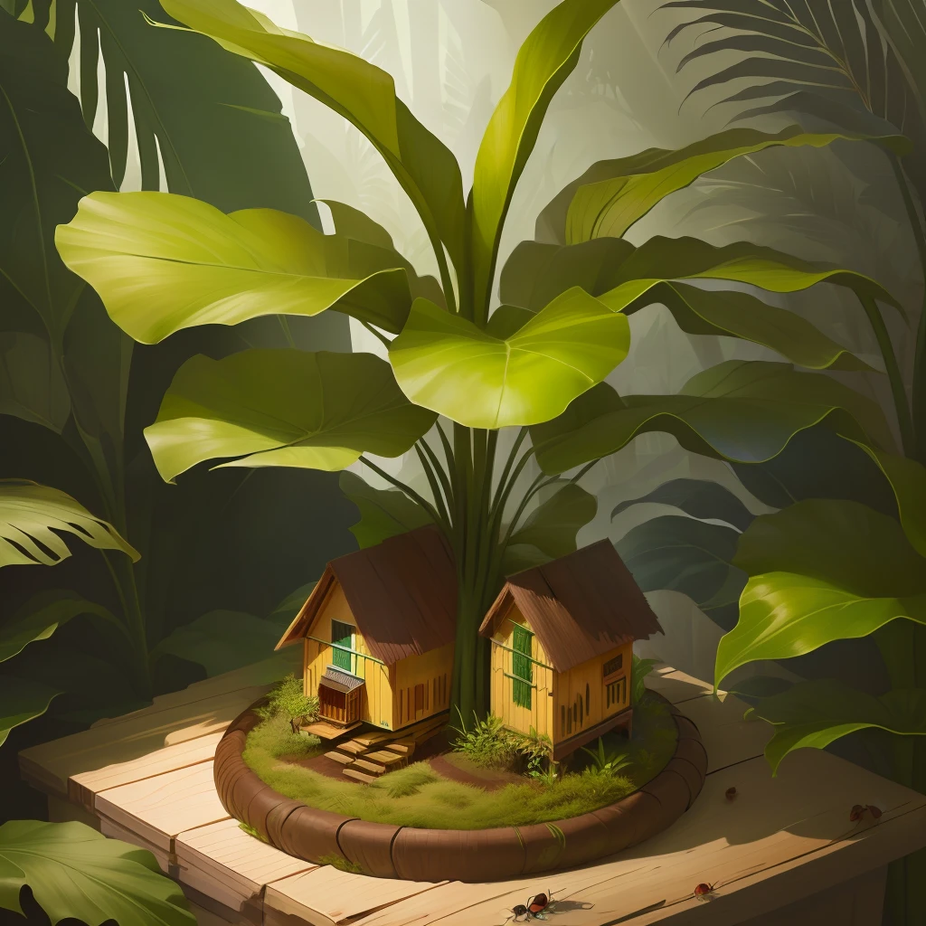 Large jungle plant with small wooden houses on the stem where ants live, zoom in, enlargement, realistic cartoon