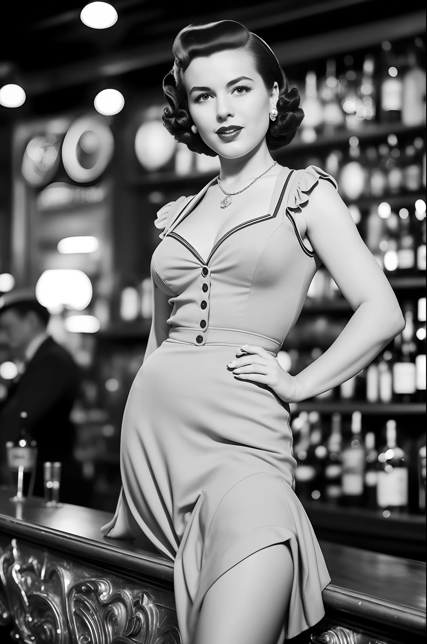 full body portrait of Betty (styled in a 1940's, Sailor Dress, highly detailed:1.3), (highly detailed face:1.8), (1940's Pompadour Hairstyle:1.3), (slim body, small breasts, small hips:1.5), (leaning back on the bar:1.5), (background inside a dark, old, 1940's big-band bar:1.4), (soft studio lighting, volumetric shadows), JCH Street Pan, ISO 100
