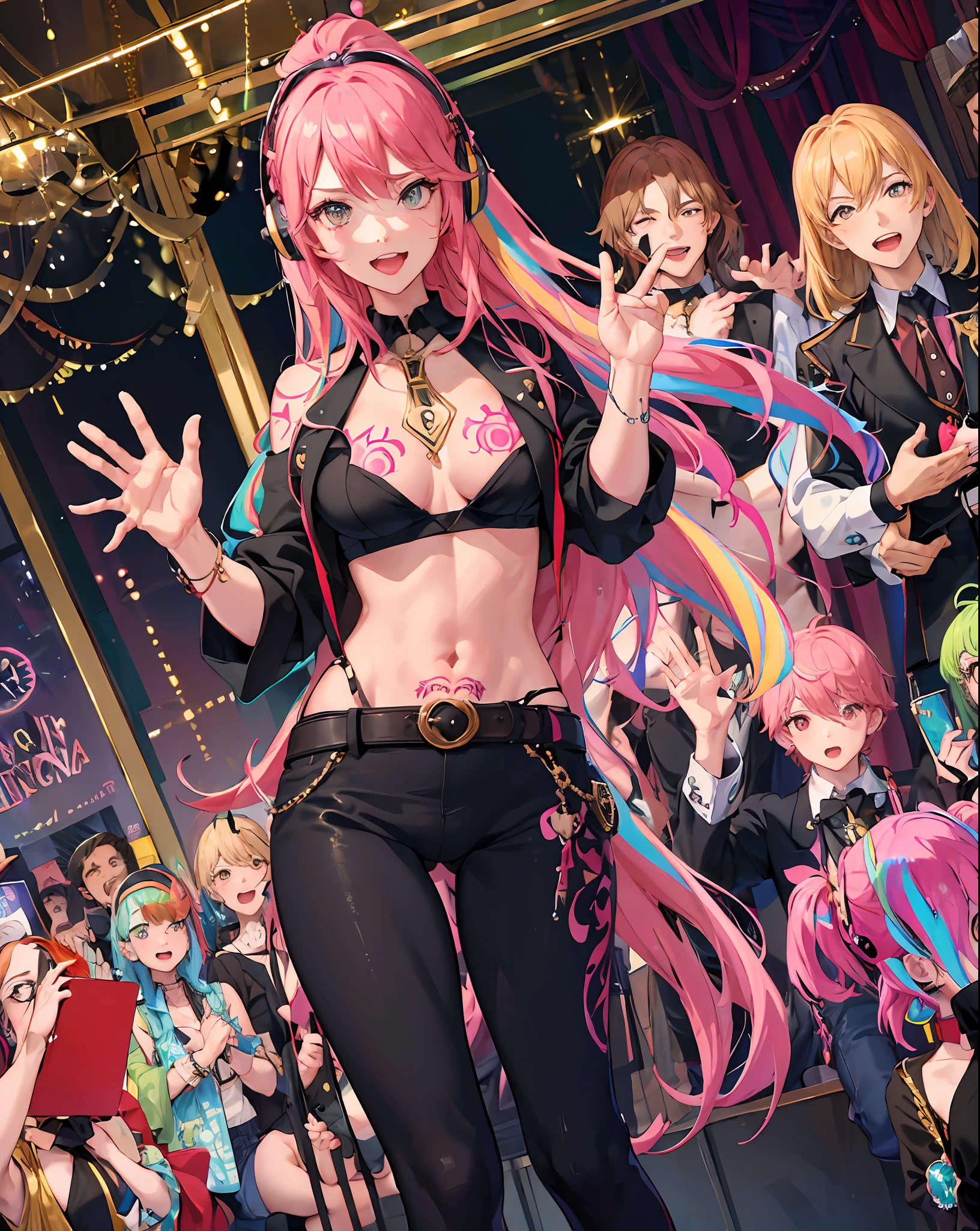 masterpiece, couple, dynamic, host club, champagne tower, raise hands, confident lol, overhead view, strabismus, high resolution, profoto, street corner, ??????, pink, sheer, spotlight, rock singer, 1girl, solo, rainbow hair, hoodie, navel, straight hair, hands in pockets, headphones, long hair, tattoo