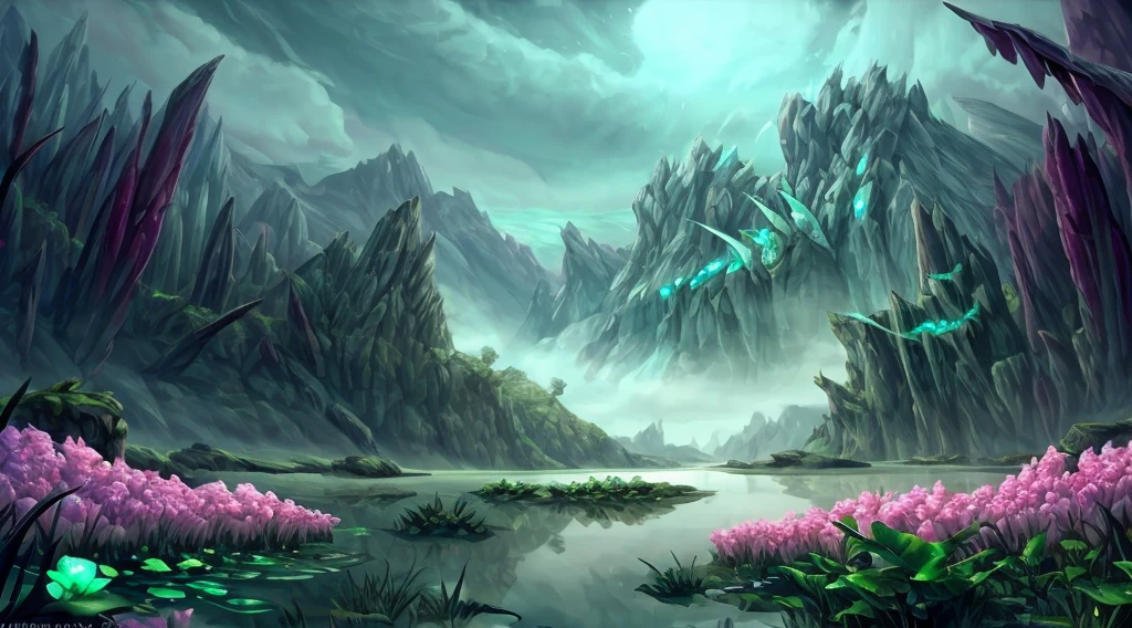 ConceptArt, no humans, scenery, swamp::2, crystals::2, emeralds::2, alien_flora::2