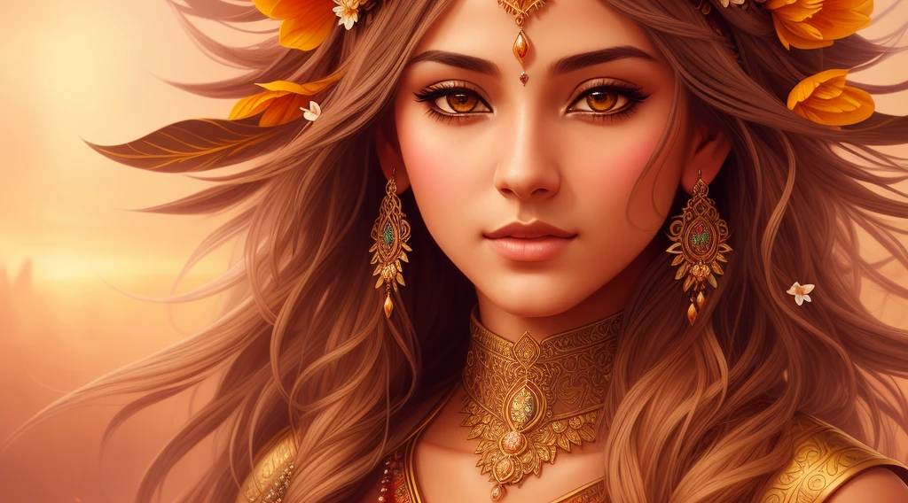 a woman with long hair and a flower crown on her head, epic fantasy art style hd, beautiful fantasy art portrait, indian goddess, 8k high quality detailed art, 4k highly detailed digital art, a stunning portrait of a goddess, beautiful character painting, 8k stunning artwork, fantasy style art, beautiful fantasy art, hd fantasy art, detailed fantasy digital art