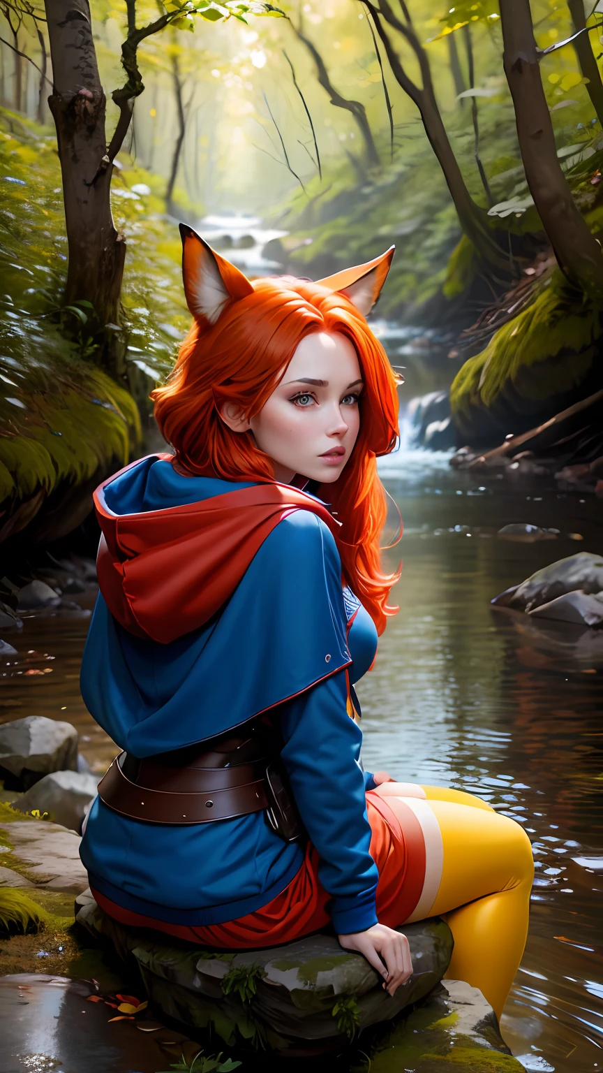 8k, best quality, (photorealistic:1.4), raw photo, 1girl, red hair, animal ears, blue hooded cape, ears sticking out, pose: sitting on a rock in a forest river, yellow eyes,  -