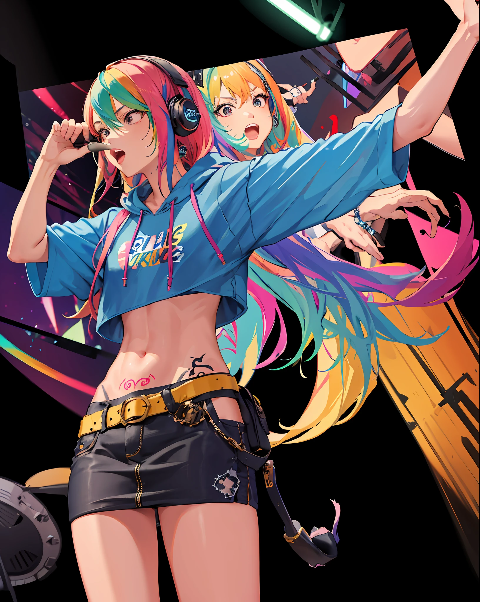 Masterpiece, confident lol, squint, hi-res, profoto, low angle, concert venue, spotter light, rock singer, 1girl, solo, rainbow hair, hoodie, belly button, straight hair, hands in pockets, headphones, long hair, tattoo