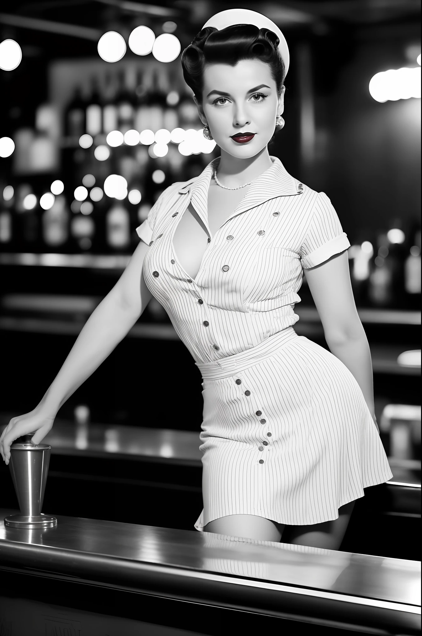 full body portrait of Betty (styled in a 1940's, Sailor Dress, highly detailed:1.3), (highly detailed face:1.8), (1940's Pompadour Hairstyle:1.3),  (slim body, small breasts, small hips:1.5), (leaning back on the bar:1.5), (background inside a dark, old, 1940's big-band bar:1.4), (soft studio lighting, volumetric shadows), JCH Street Pan, ISO 100