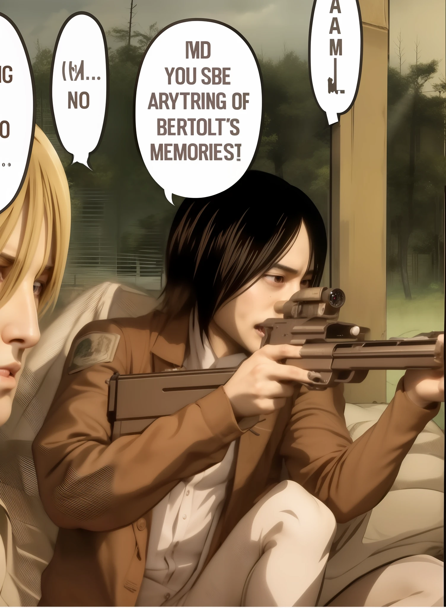 best quality, masterpiece, (realistic: 1.2), 1 man, Eren Jaeger, real life, live action, attack on Titan, pointing a rifle, sideways, character sitting with guns in his hands, Hajime Isayama style, from Attack on Titan, Attack on Titan Covert Art, SNK
