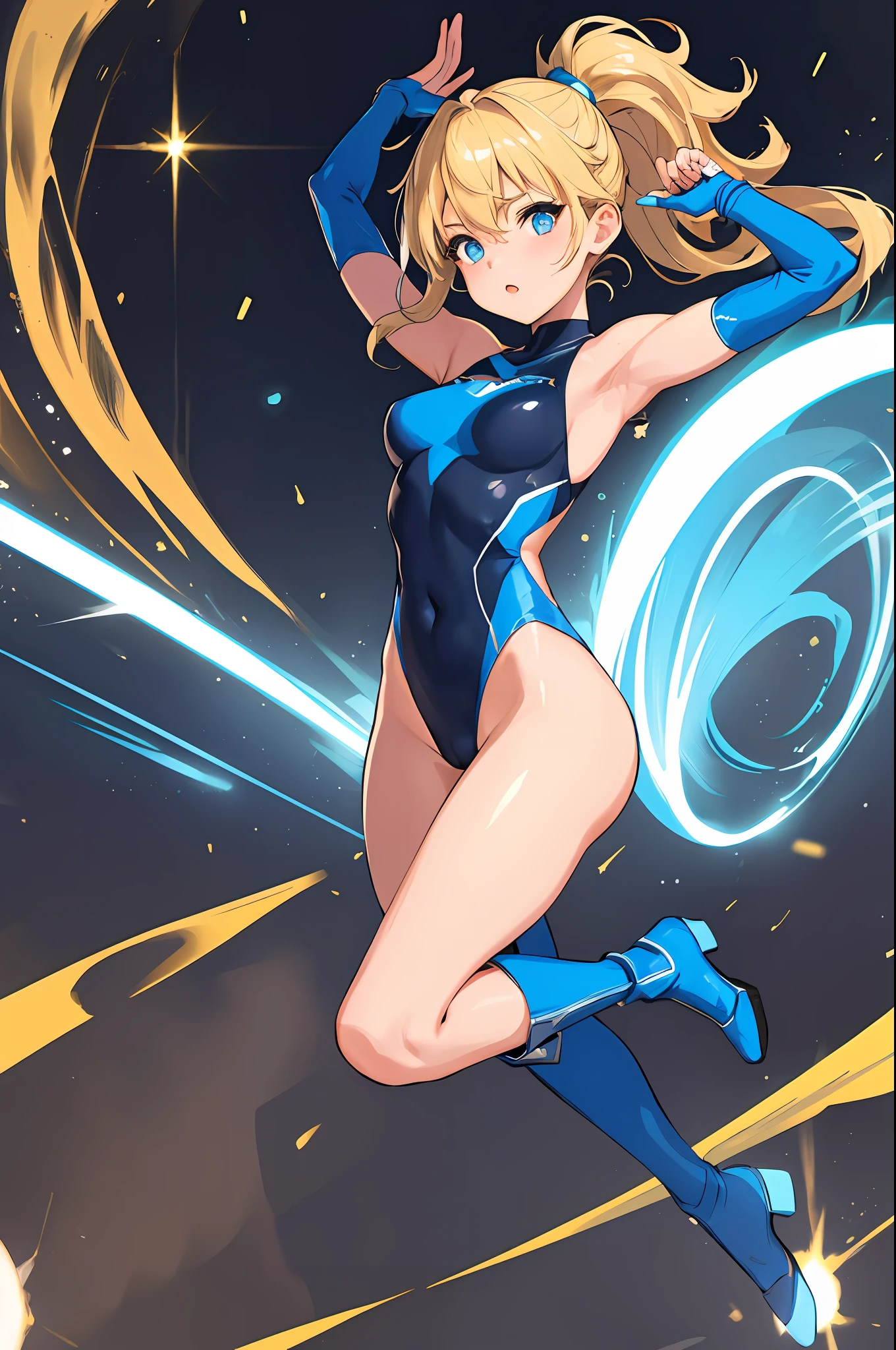 masterpiece, best quality, highres, 1girl, solo, superhero, leotard, bare legs, boots, matching boots, aura, blue aura, sleeveless, gloves, bracelets, matching gloves, looking at viewer, light particles, city backdrop, perfect hands, perfect eyes, powering up, perfect leotard, perfect legs, perfect arms, perfect fingers, blue and white leotard, blonde hair,