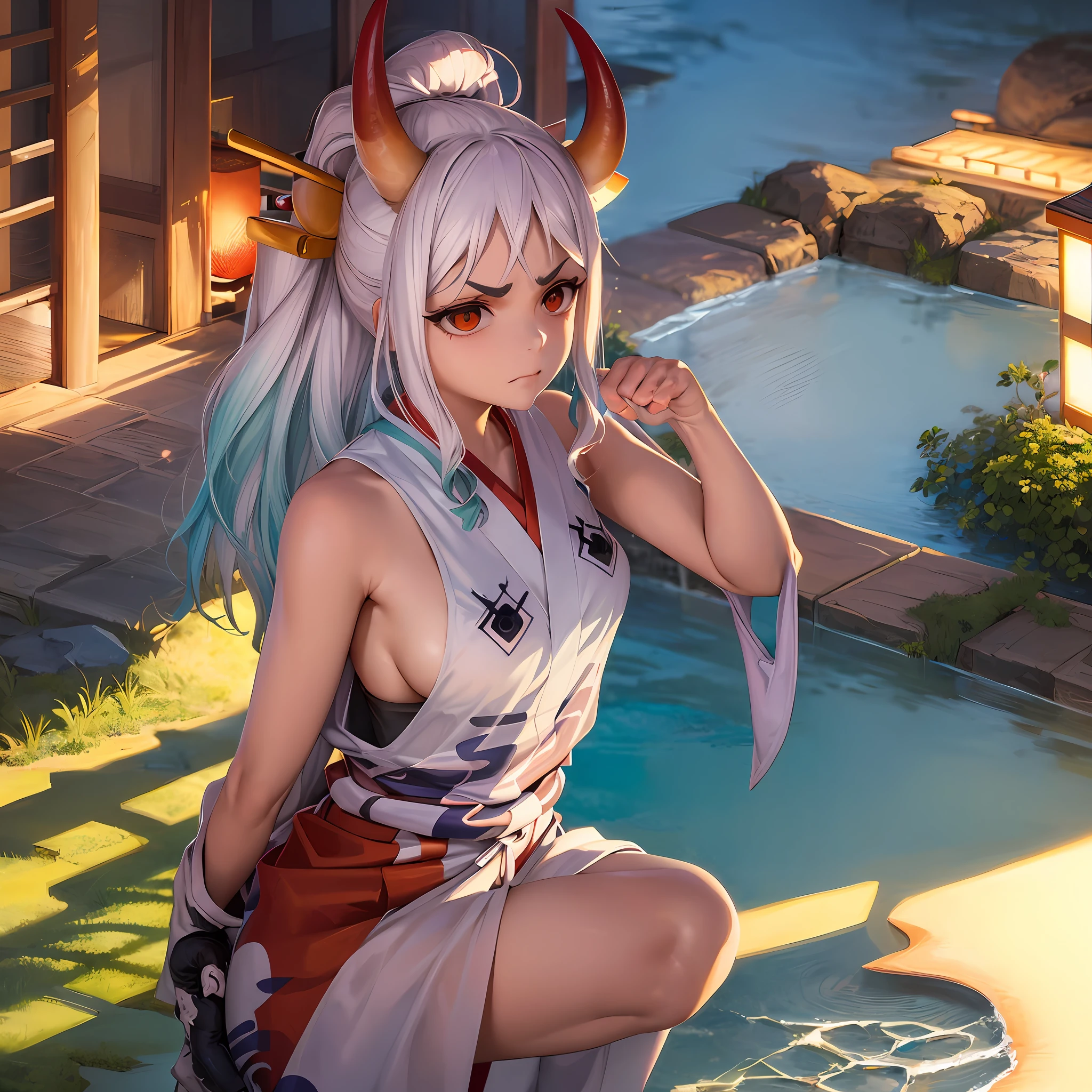 1girl, portrait of beautifull YamatoOP, large breasts,  solo, japanese_clothes, kimono, bare_shoulders, sleeveless, sleeveless_kimono, shimenawa, looking_at_viewer, bare_arms, v-shaped_eyebrows, hakama, closed_mouth, orange_eyes, aqua_hair, red_eyes, two-tone_hair, serious, frown, sky, fighting_stance, volumetric lighting, best quality, masterpiece, intricate details, tonemapping, sharp focus, hyper detailed, trending on Artstation,