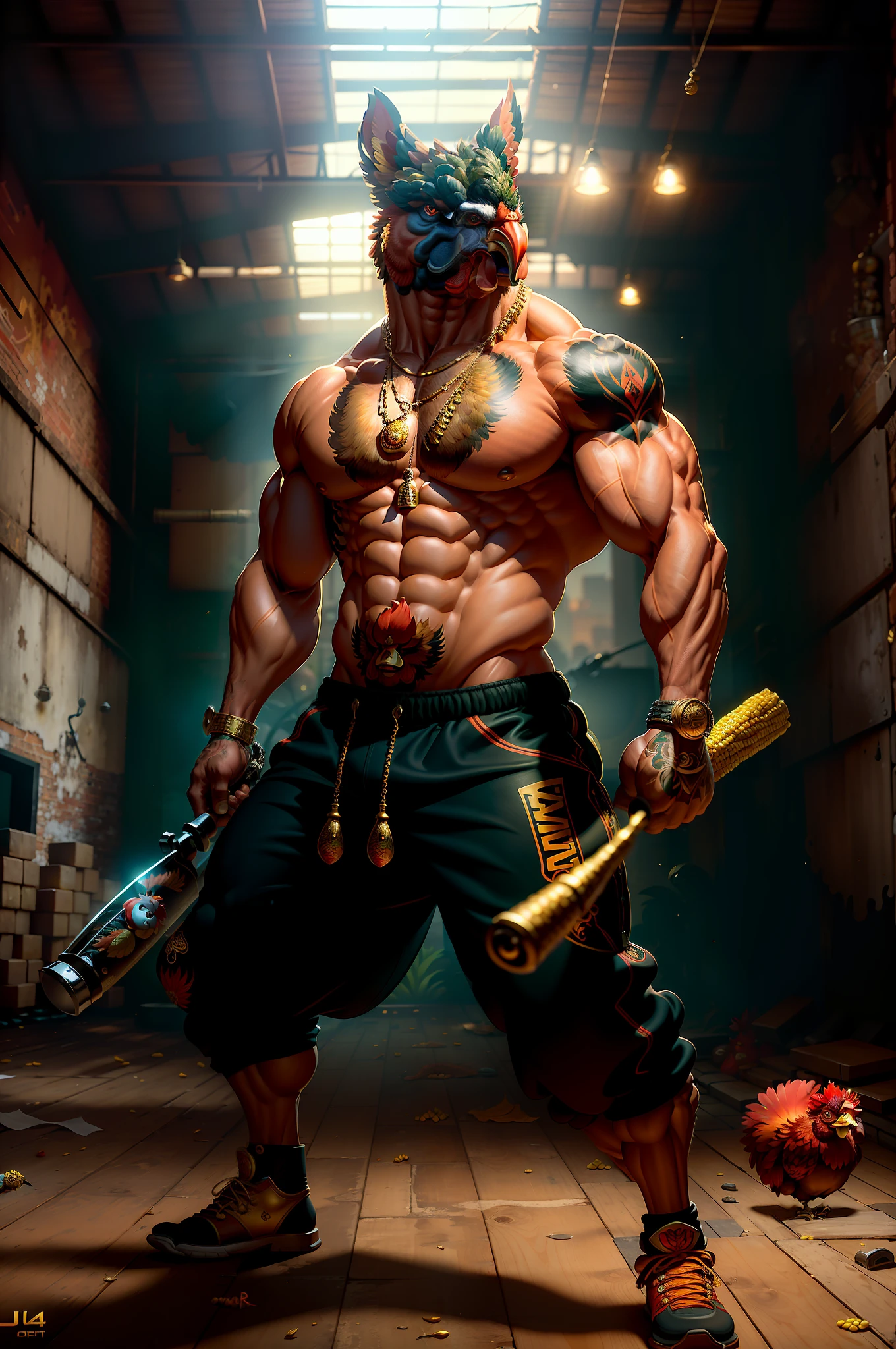 ((best quality)), ((ultra-detailed)), ((masterpiece)), photography, scene: garden, theme: anthropomorphic animal mafia, character: rooster, appearance: muscle building, action: combat posture, expression: fierce, holding a steel corn cob, gold necklace, bare body top, sports mafia tattoos, perspective: 4K.