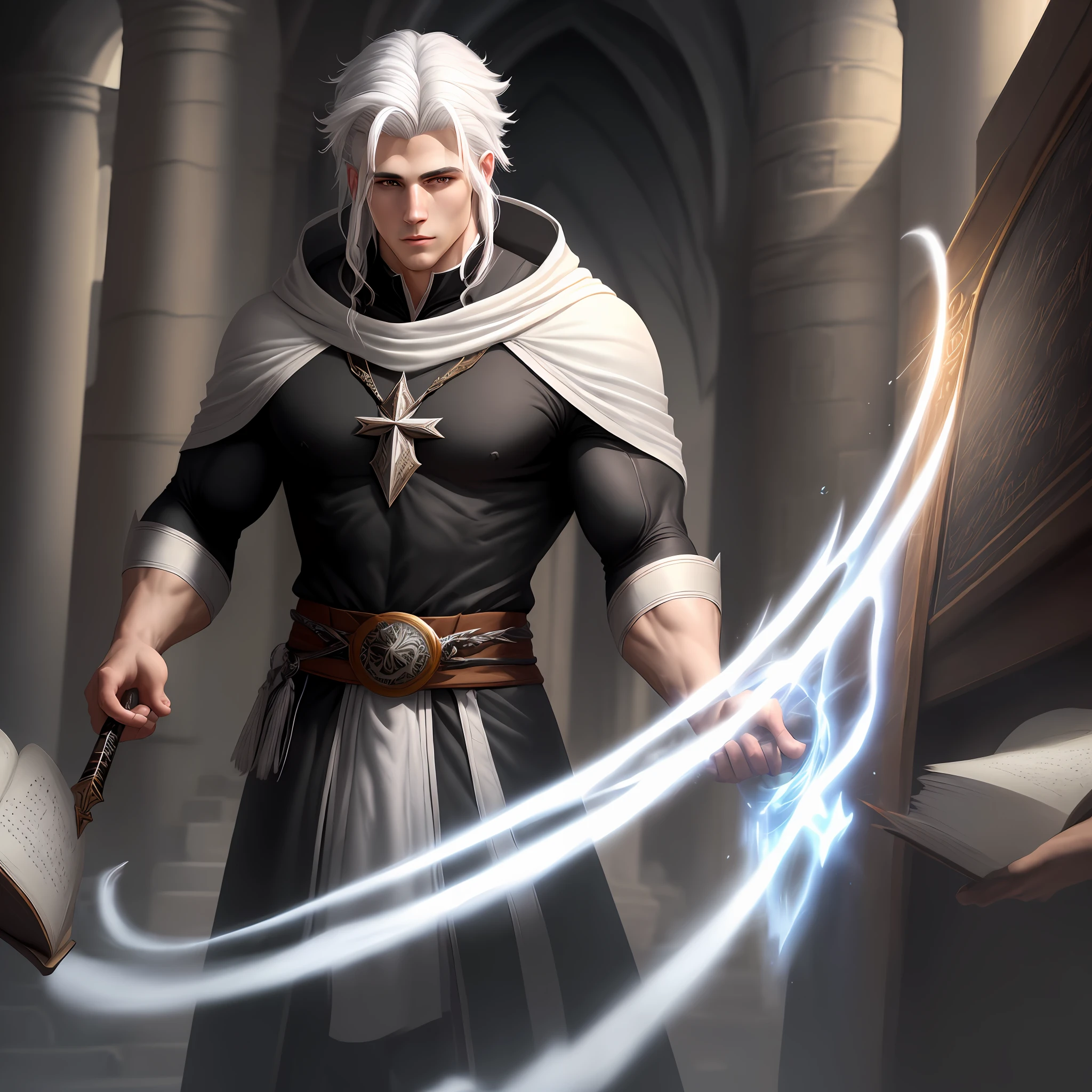 High resolution young man handsome strong athletic muscle wizard White hair stuck and black drawing realistic painting realistic 3D quiet environment Castle library books wizard wearing tunic wizard priest wizard sorcerer wizard male gender male