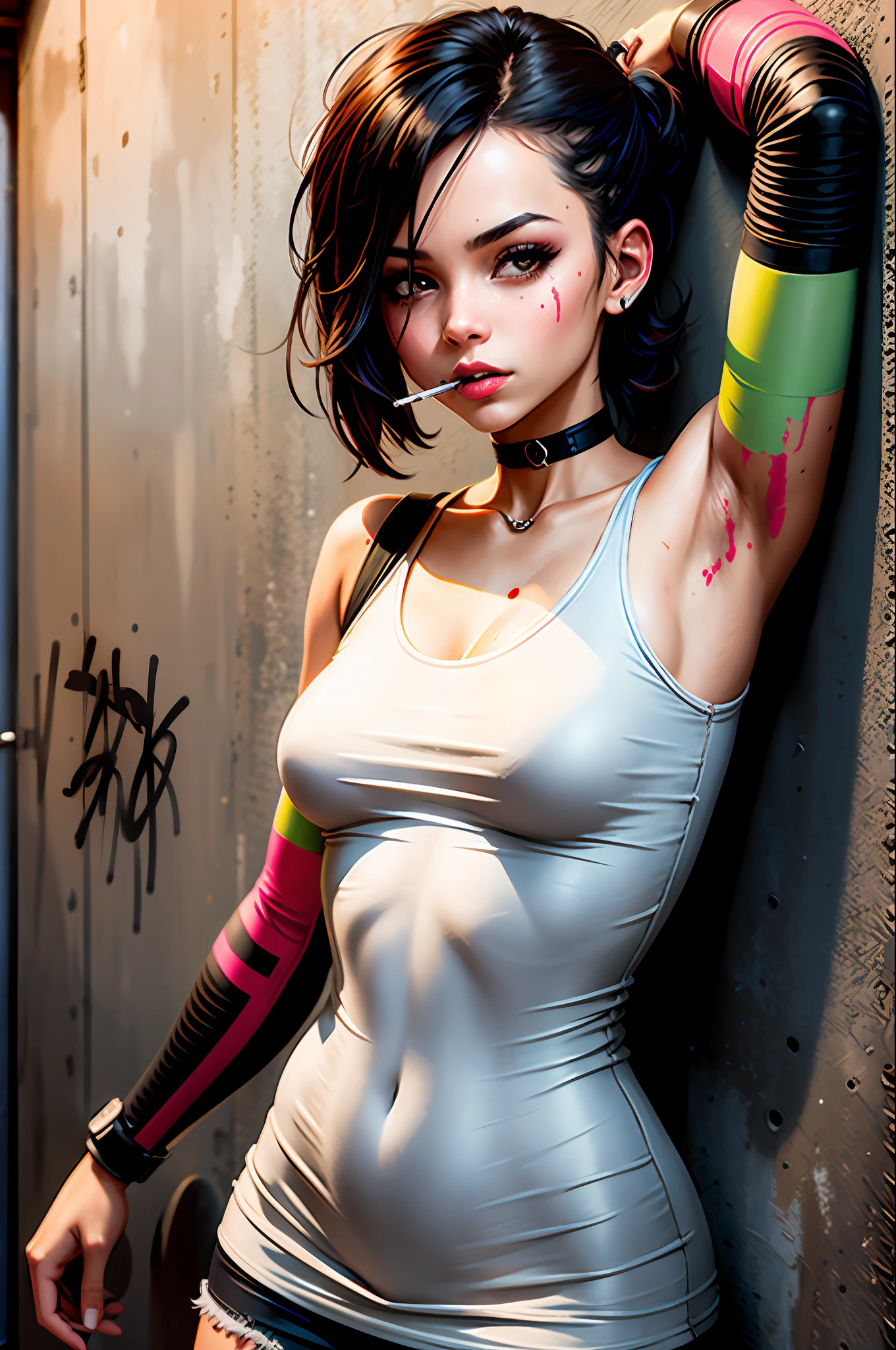 detailed, concrete, urban, industrial, graffiti, 1girl, against wall, upper body, smoking, brown eyes, choker,