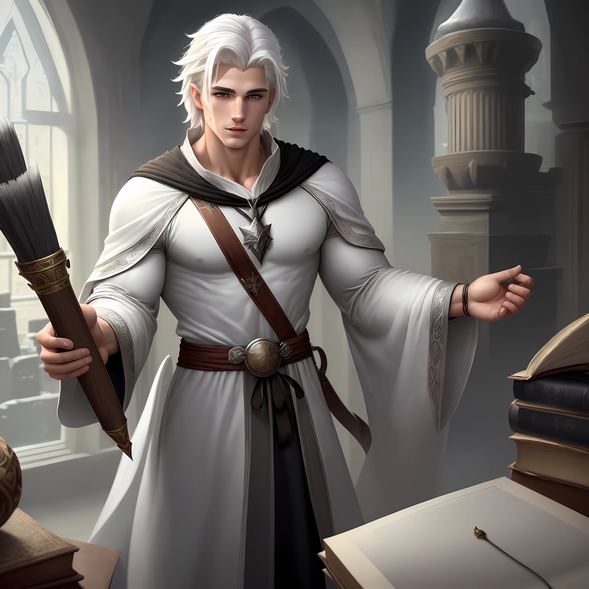 High resolution young man handsome strong athletic muscle wizard White hair stuck and black drawing realistic painting realistic 3D quiet environment Castle library books wizard wearing tunic wizard priest wizard sorcerer wizard male gender male