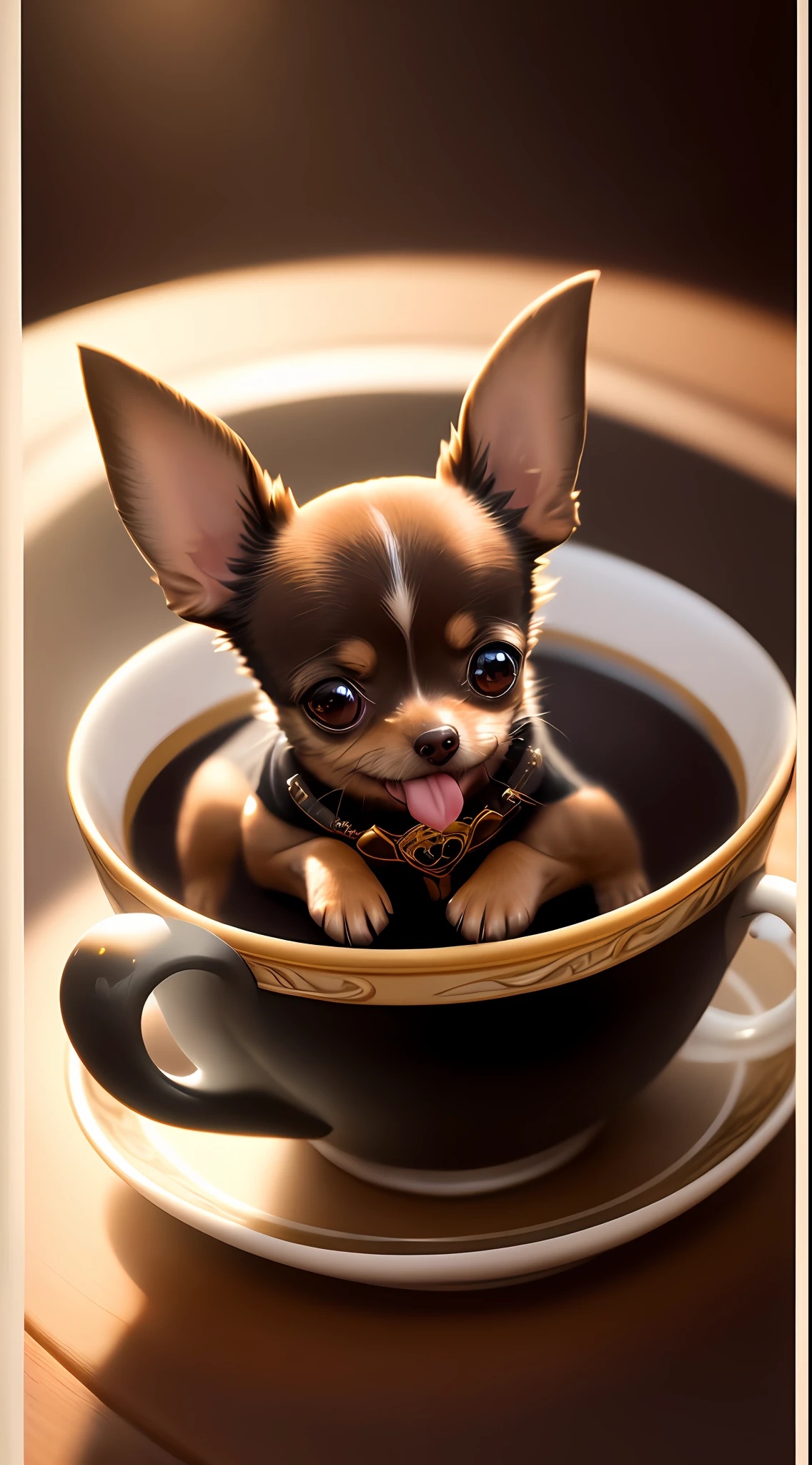 Black tan long coat Chihuahua, (((Small)))), in a teacup, Face out, Tongue sticking, Front paws sticking out of teacup, 8k, Professional photo, delicate, clear, on the table, in the house, sunshine, Light leak, Masterpiece, ((Pretty)))), Fashionable teacup, (Reality))))
