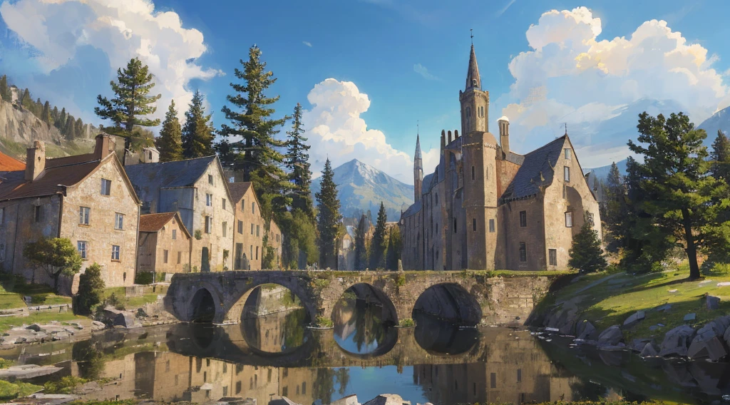 ((masterpiece)),((best quality)),((high detail)),((realistic,)) ((ultra detailed)) medieval city, bridges, towers, pine trees, some ruined houses, medieval, view from afar,