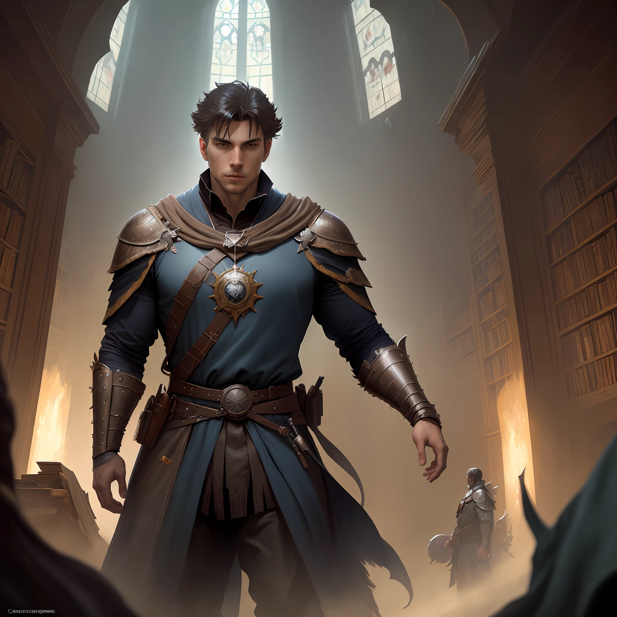 portrait of a man, 1boy, solo, standing calmly, wizard,wizard, a hero never seen before, jaws, masculine, epic, handsome, prince, wizard's tunic, hyperdetailed matte 3d painting, panoramic cinemascope, inspiring, landscape, natural skin texture, sharp focus, ((cinematic look)), insane details, intricate details, art by greg rutkowski and by caravaggio and by alphonse mucha, style, medieval, inside a library