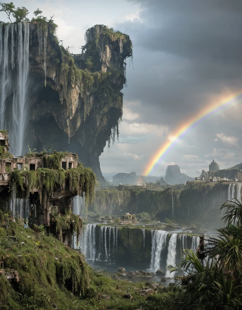 overgrown postapocalyptic ruins, birds in the sky, a rainbow, waterfall : : close shot : : 3 5 mm, realism, octane render, 8 k, exploration, cinematic, trending on artstation, realistic, 3 5 mm camera, unreal engine, hyper detailed, photo - realistic maximum detail, volumetric light, moody cinematic epic concept art, realistic matte painting, hyper photorealistic, concept art, volumetric light, cinematic epic, octane render, 8 k, corona render, movie concept art, octane render, 8 k, corona render, cinematic, trending on artstation, movie concept art, cinematic composition, ultra - detailed, realistic, hyper - realistic, volumetric lighting, 8 k