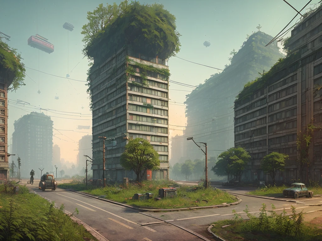 street of soviet union abandoned city, overgrown with greenery buildings, summer, sunrise, 4k, wallpaper,Science Fiction,Lighting,Environmental Concept Art & Design,Digital 3D,Character Modeling,3D,realistic,textures,cgi,environment,((Simon Stalenhag)),concept,Environmental Concept Art & amp Design,scifi