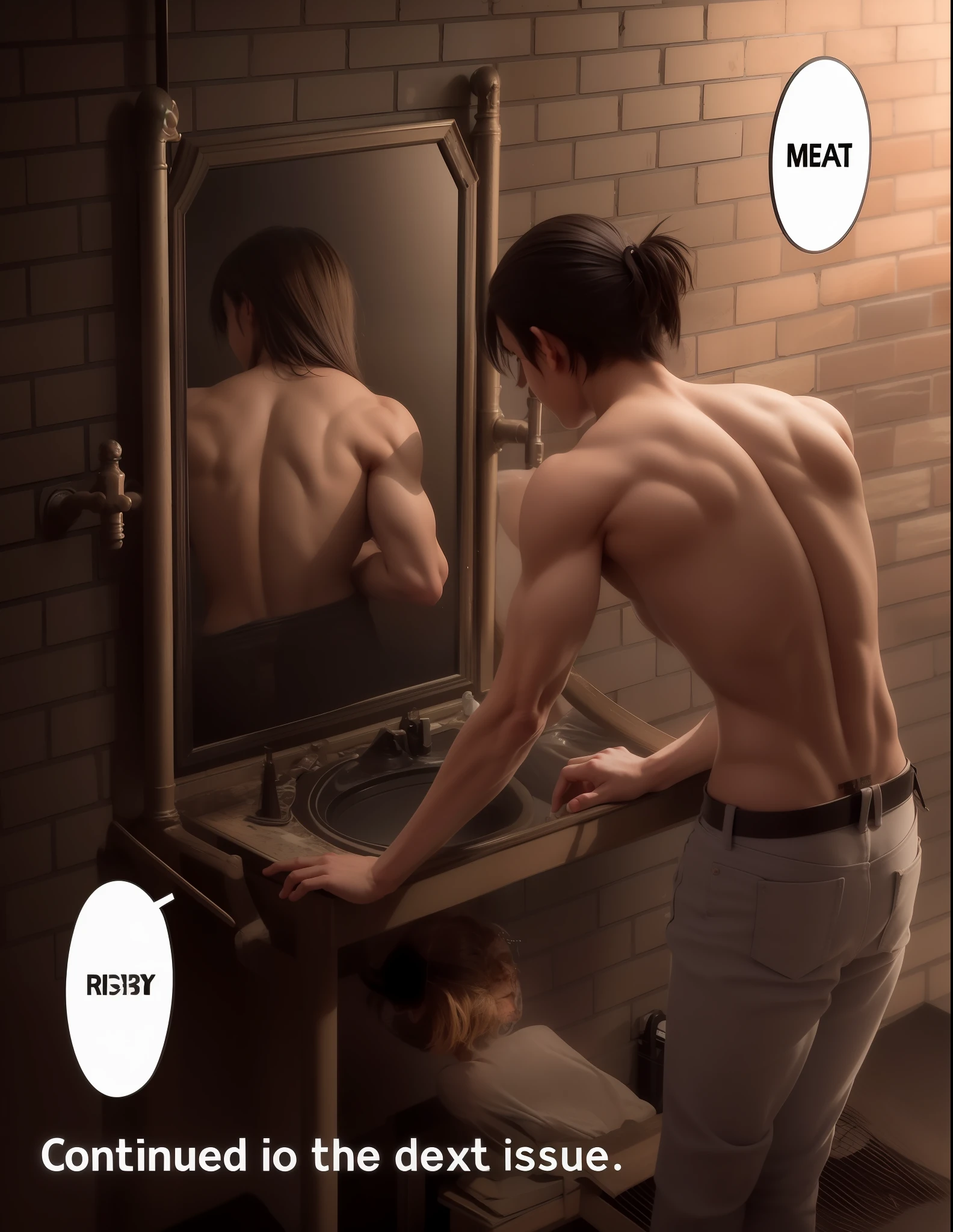 best quality, masterpiece, (realistic: 1.2), 1 man, Eren Jaeger, real life, live action, black jeans, black pants, brown hair, attack on Titan, long hair, abs, muscles, shirtless, sunset background, looking at the mirror, black jacket, fitness, fit body, slim body, high definition, high quality, gigachad, back muscles, back, leaning on a mirror