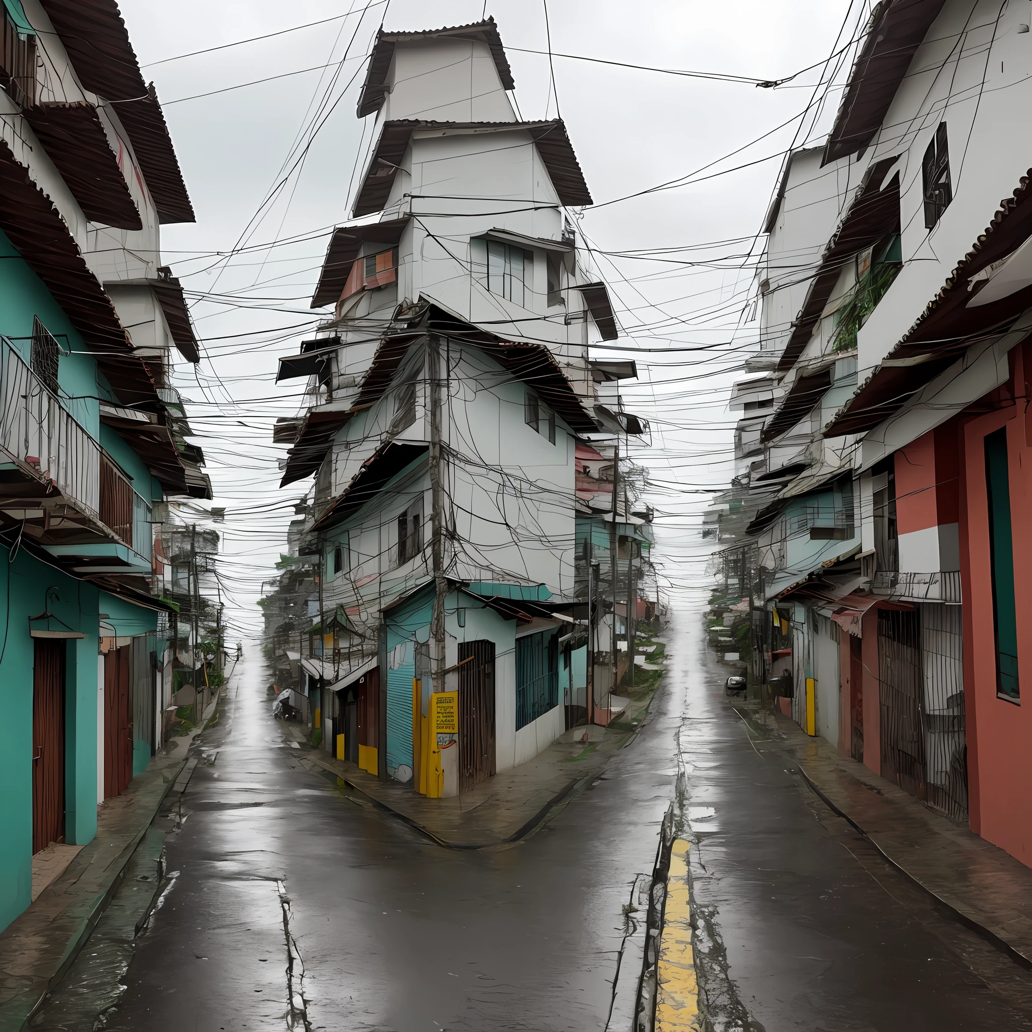 A photo on a street of the favela of Rio de Janeiro, wet ground in high quality, hyper-realistic photo
