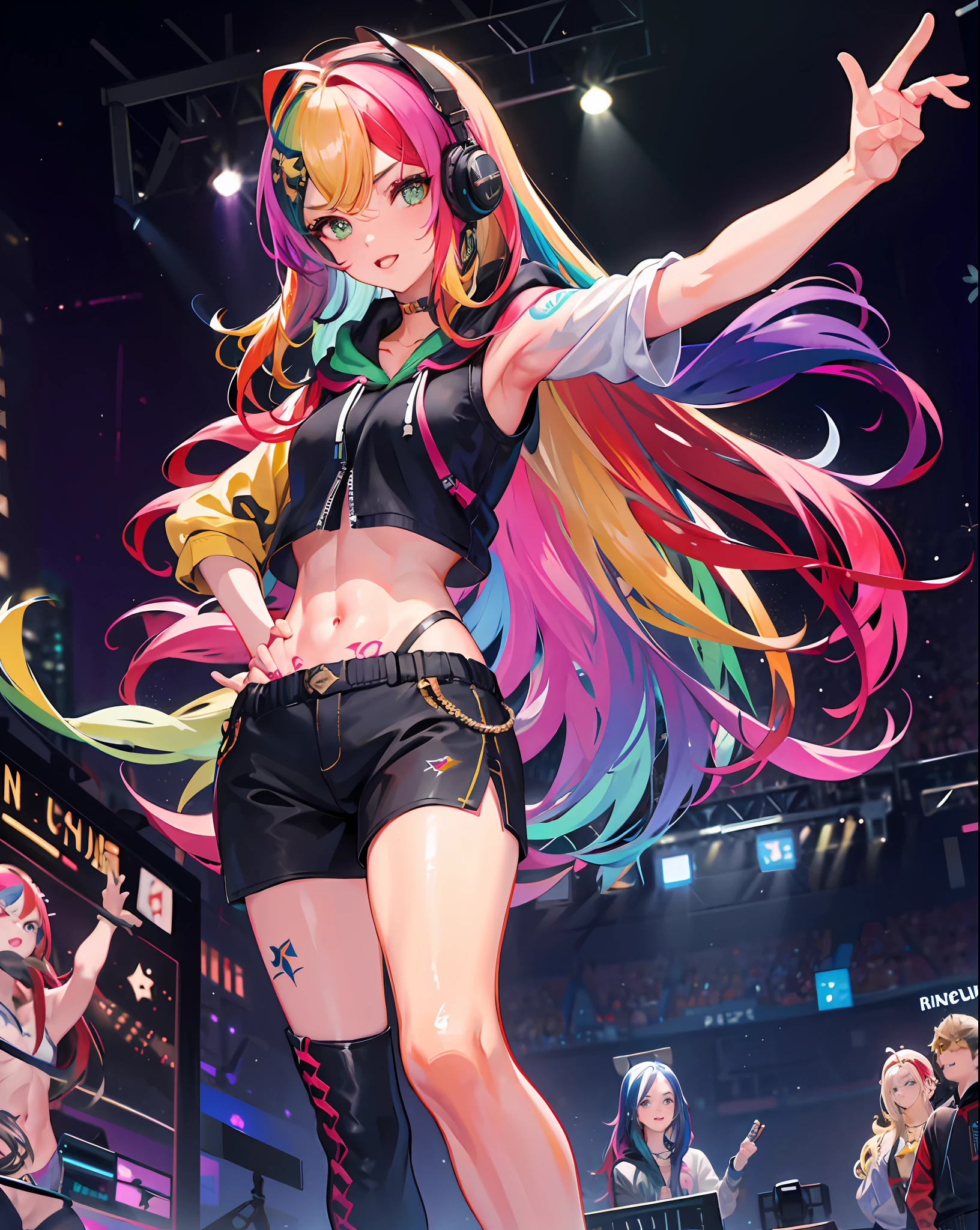 masterpiece, confident lol, squint, hi-res, profoto, concert venue, spotter light, rock singer, 1girl, solo, rainbow hair, hoodie, belly button, straight hair, hands in pockets, headphones, long hair, tattoo