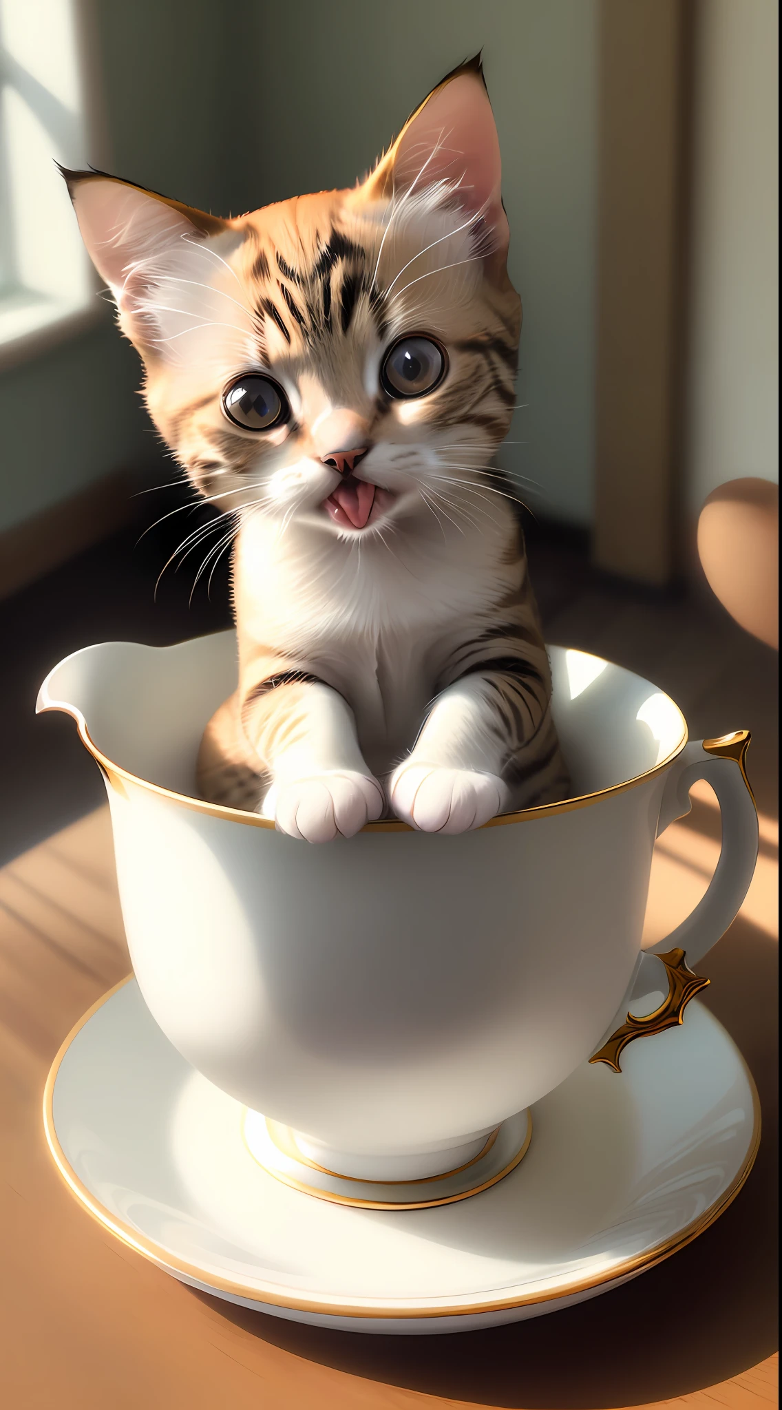 Cat, ((((small)))), in a teacup, face out, tongue sticking, paws sticking out of teacup, 8k, professional photo, delicate, clear, on table, in the house, sunshine, light leak, masterpiece, ((((pretty))), (fashionable teacup), reality, like a stuffed animal