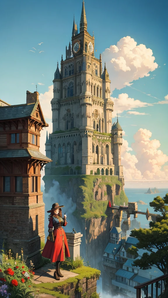 (best quality), ((masterpiece)), (highres), illustration, original, extremely detailed wallpaper, cloud, scenery, sky, outdoors, mountain, tree, landscape, fantasy, aircraft, smoke, 1girl, day, house, airship, tower, ground vehicle, building, windmill, grass, 1boy, blue sky, no humans, solo, chimney, nature, hill, plant, motor vehicle, hat, goggles, weapon, cloudy sky, robot, cliff, bird, train, city, ruins, short hair, floating island, flag, sign, steampunk, science fiction, long hair, stairs, bridge, brown hair, flying, town, watercraft, gun, dragon, power lines, sun, sitting, clothesline, multiple boys, forest, steam, signature, road, ladder, standing, overgrown, sword, cannon, ship, window, flower, cityscape, green theme, cat, multiple girls, water, airplane, black hair, lantern, mecha, crane (machine), ocean, castle, dog, clock, mountainous horizon, sunset, creature, smoking, machinery, animal, goggles on head, horizon, bush, 2girls, industrial pipe, radio antenna, dress