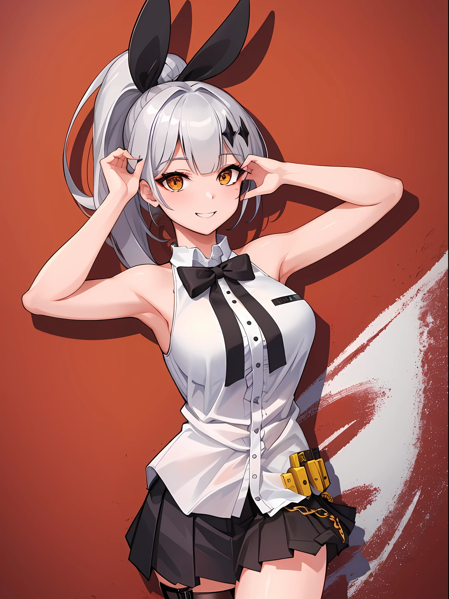 (Extremely detailed 8k CG Unity wallpaper), (masterpiece), (best quality), (ultra detailed: 1.3), (best illustration), ((best shadow)),((high resolution)), (sharp eyeliner), eye shadow, (detailed eyes: 1.2), ((detailed hair)), (fiveseven: 1.2), lovely smile, 1 girl, long ponytail, sexy pose, sexy body, silver hair, thigh strap, black pleated skirt, sleeveless top