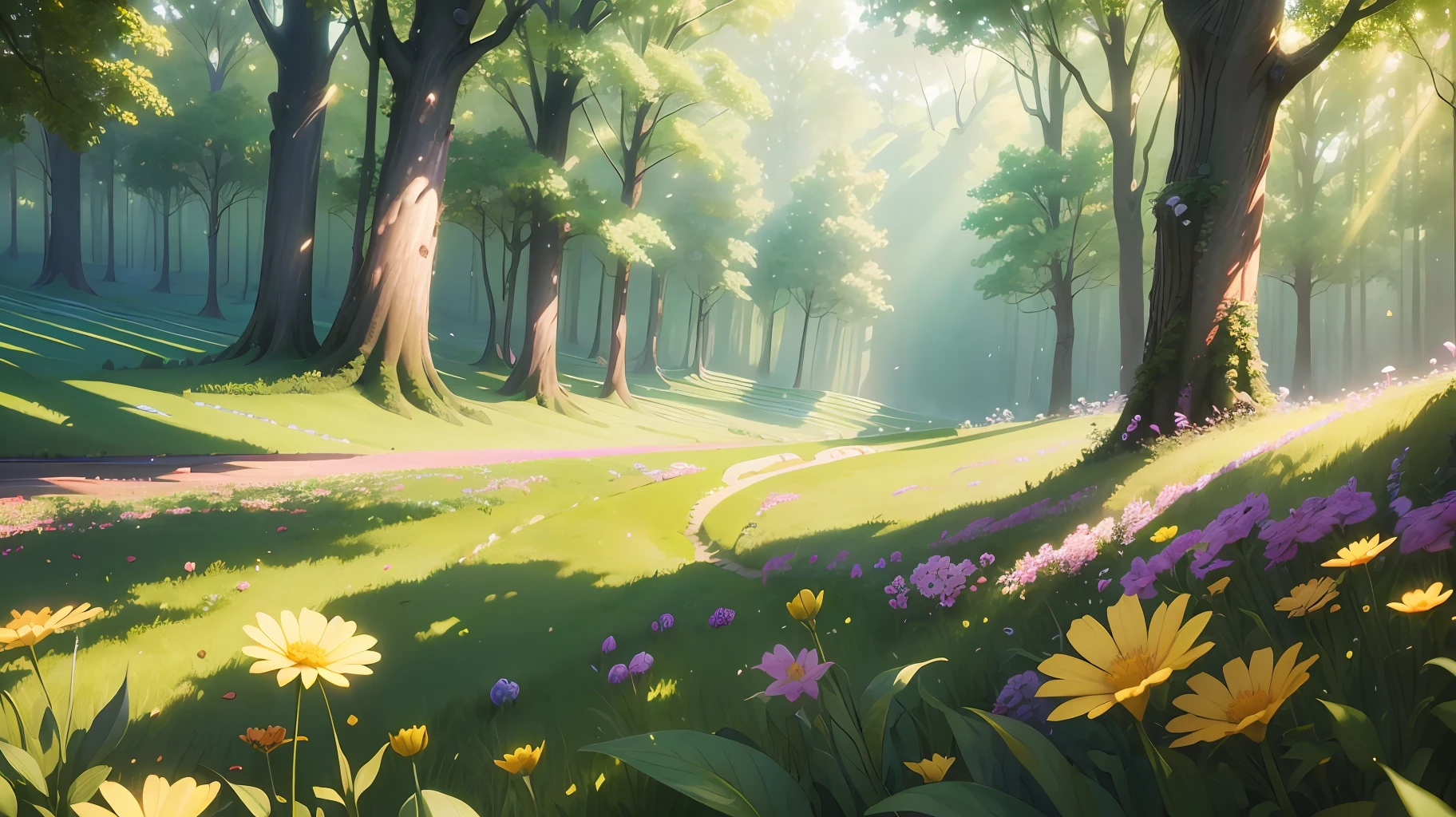 Masterpiece, best quality, (very detailed CG unit 8k wallpaper) (best quality), (best illustration), (best shadows) green fields, valley, delicate petal leaves of various colors falling into the air, Ray tracing, ultra detailed --v6