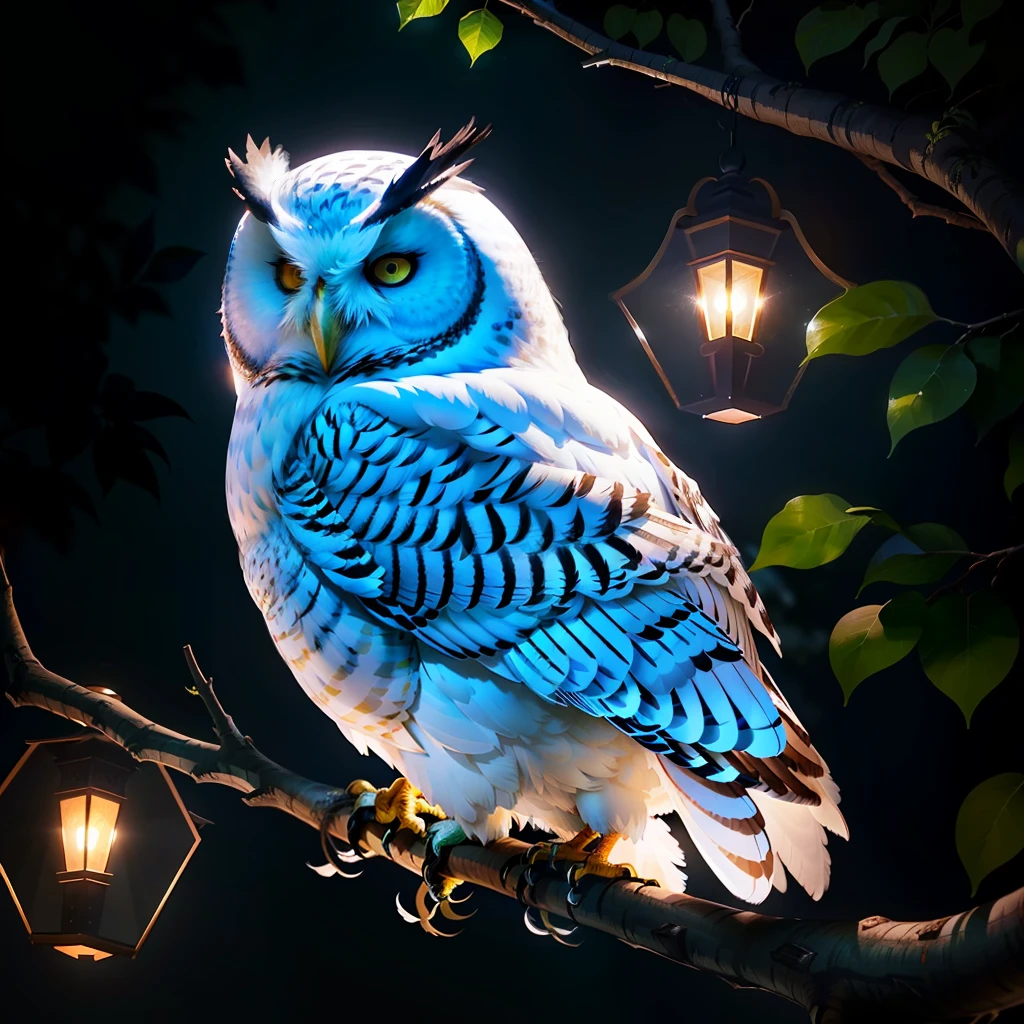 white owl in a tree, night, high detailed,mistérios atmosphere, cinemátic lighting, Ray tracing ambient, ultra resolution