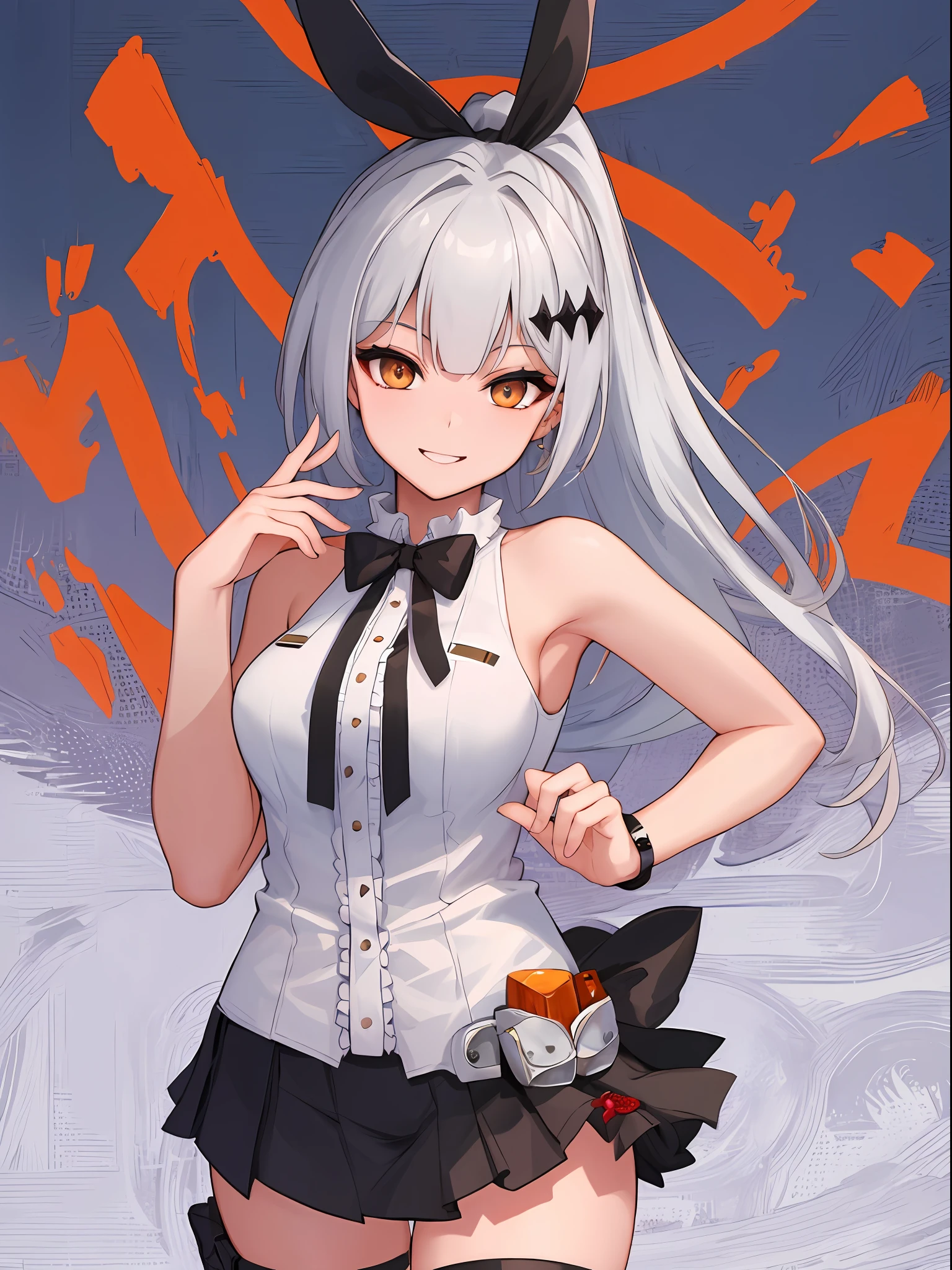 (Extremely detailed 8k CG Unity wallpaper), (masterpiece), (best quality), (ultra detailed: 1.3), (best illustration), ((best shadow)),((high resolution)), (sharp eyeliner), eye shadow, (detailed eyes: 1.2), ((detailed hair)), (fiveseven: 1.2), lovely smile, 1 girl, long ponytail, sexy pose, sexy body, silver hair, thigh strap, black pleated skirt, sleeveless top