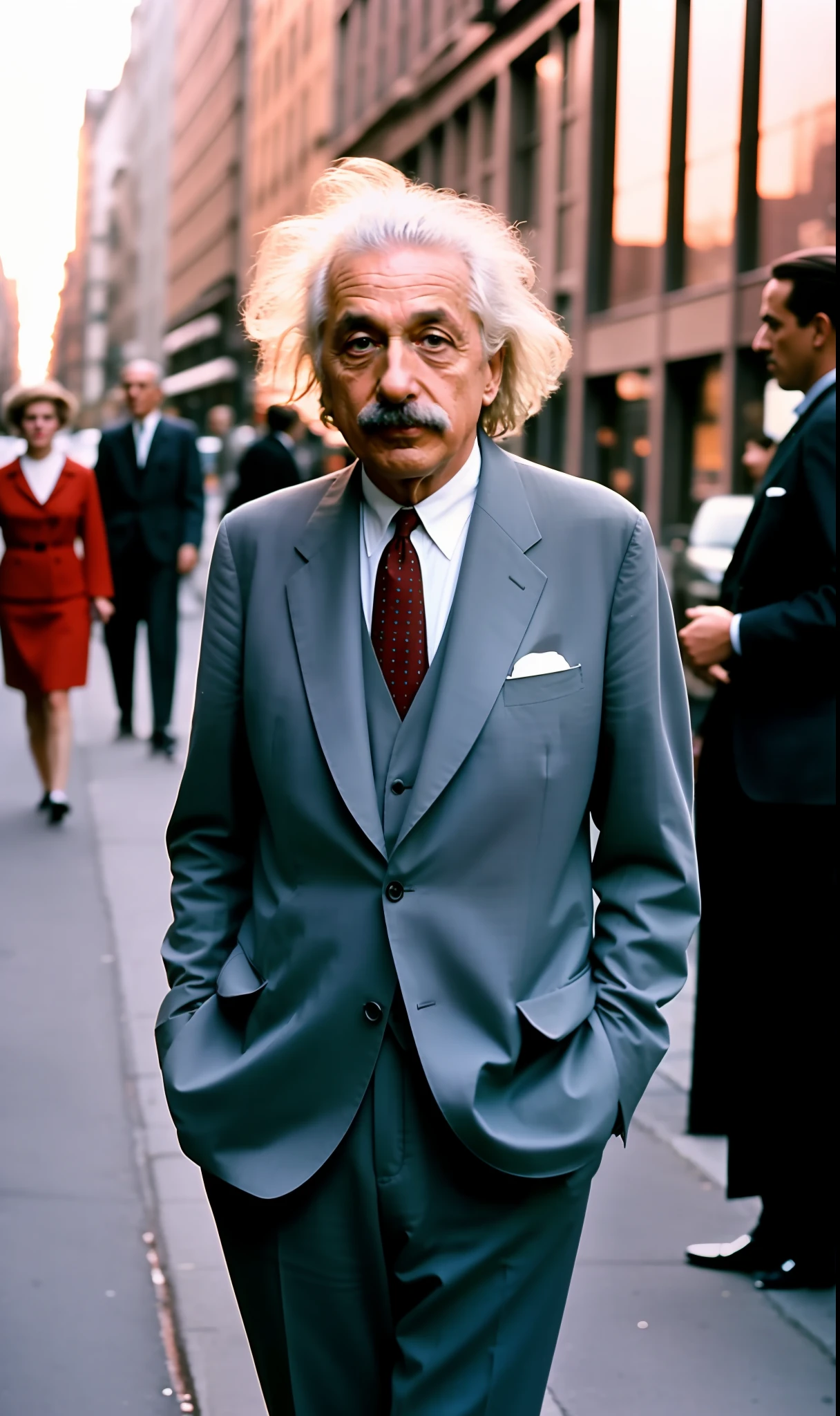 1960s street style photo of Einstein in Soho New York, wearing Giorgio Armani suit, sunset, shot on Agfa Vista 200, 4k.