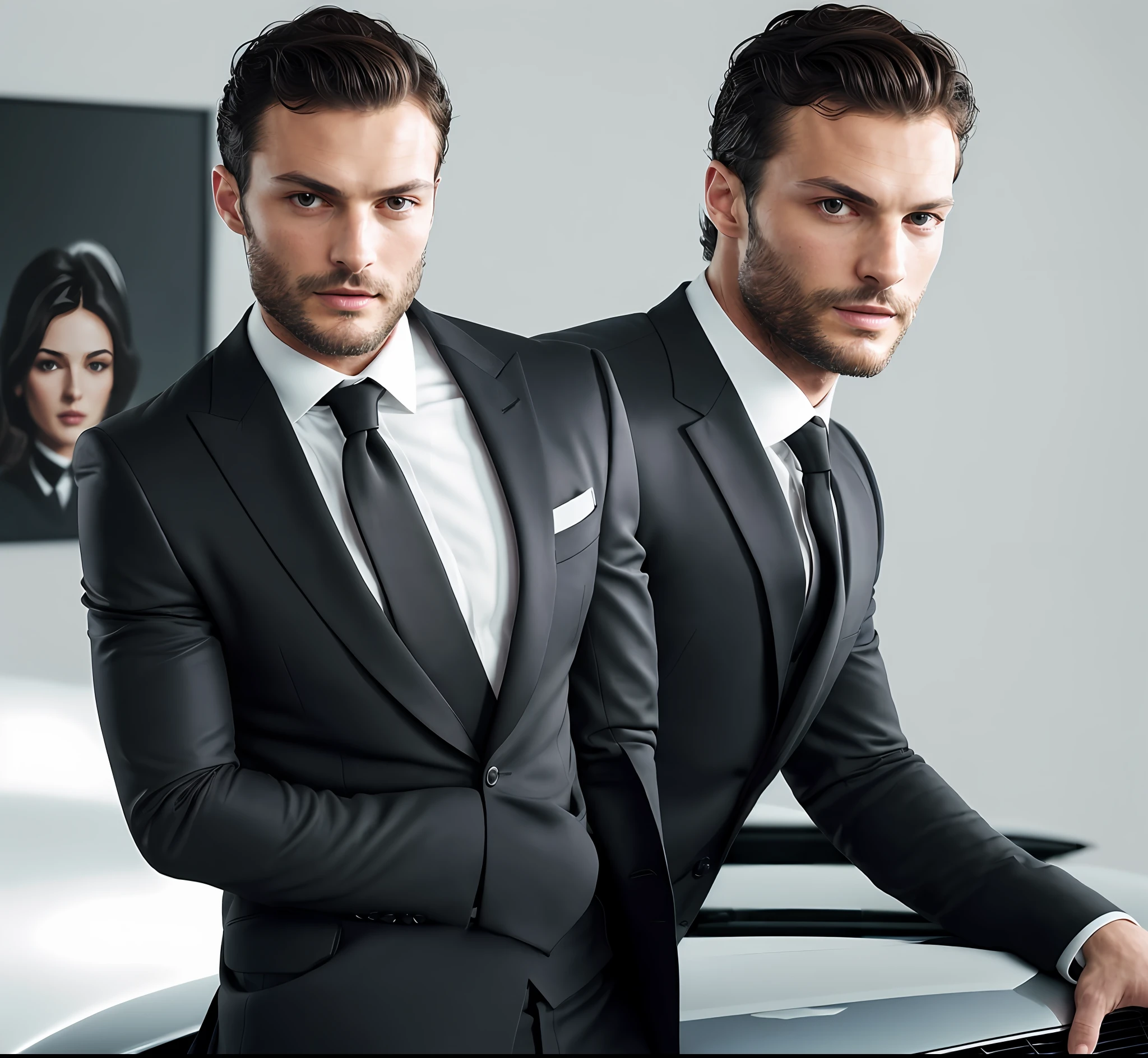 (create a ceo wearing black suit without tie), (Brunette tanned with the symmetrical face of model), wearing beard, short dark hair, stylish and elegant, shaved and strong body fitted in the suit, show body, man similar to actor jamie dornan, (high quality and realistic image), in the background of the image a beautiful Aston Martin Grey, cinematic style, ((Best quality, 8k, Masterpiece).