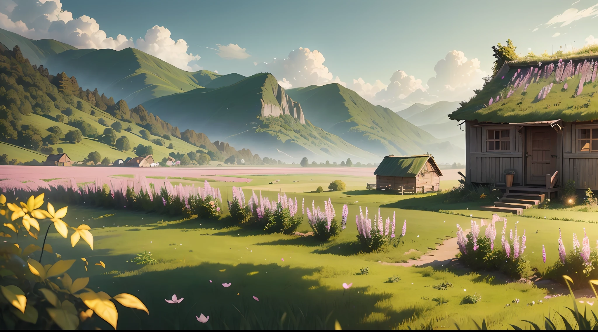 Masterpiece, best quality, (very detailed CG unit 8k wallpaper) (best quality), (best illustration), (best shadows) green fields, valley, small rustic hut in ruins, delicate petal leaves of various colors falling into the air, Ray tracing, ultra detailed --v6