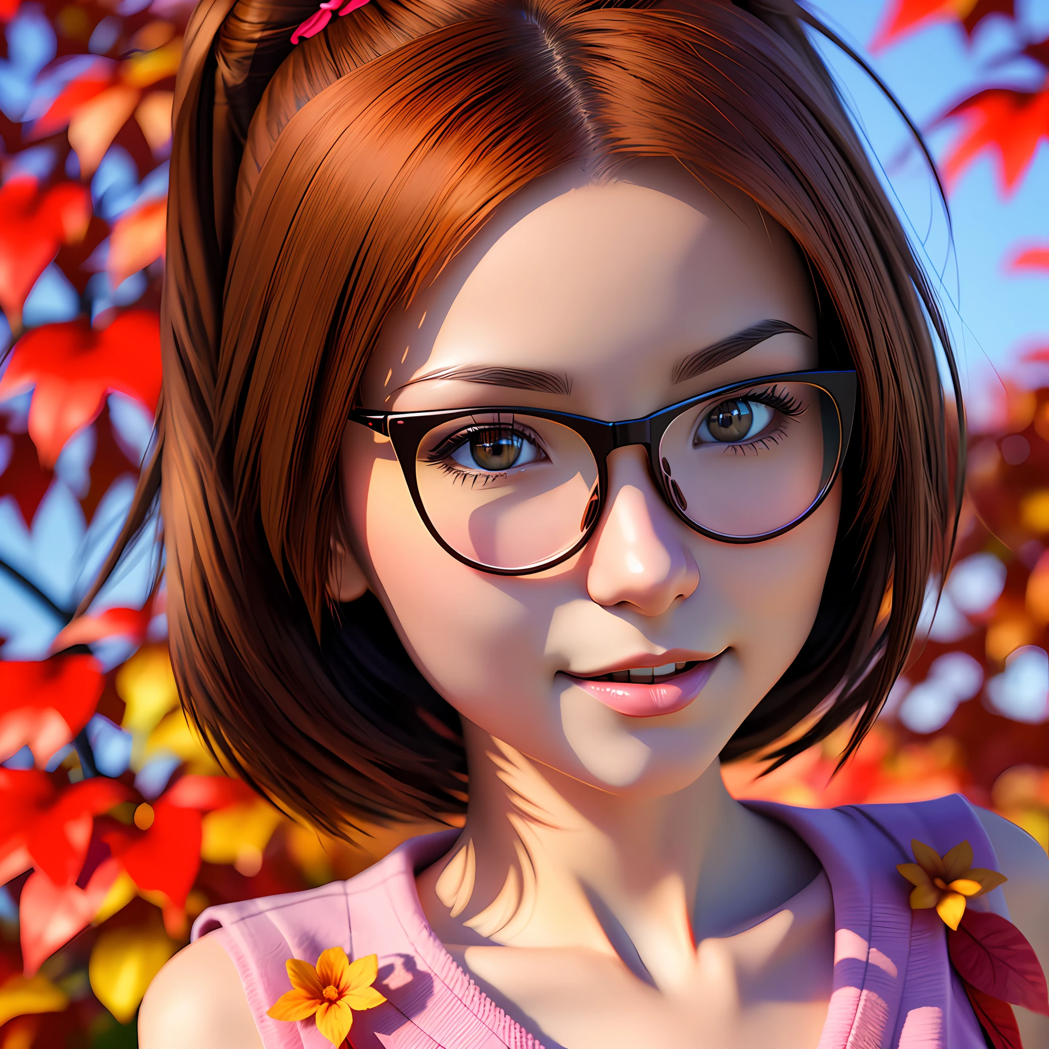 realistic cartoon, a female character Neko Chbi Kwaii, floral theme, bifocal lens, vivid colors, autumn tare