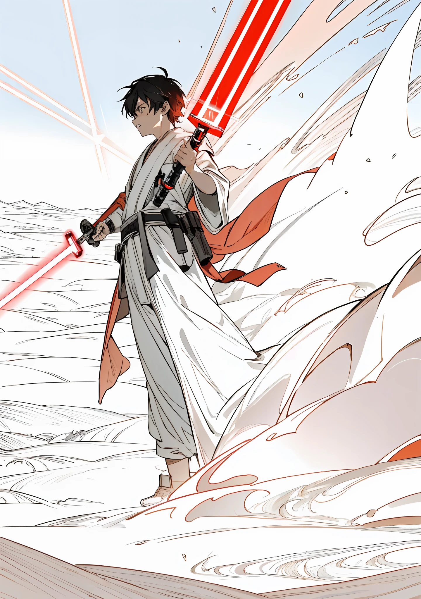 Masterpiece, best quality, 1boy, jedi, star wars, holding a red lightsaber, in a desert, sunset, looking far away, high details, explosion aura, angry