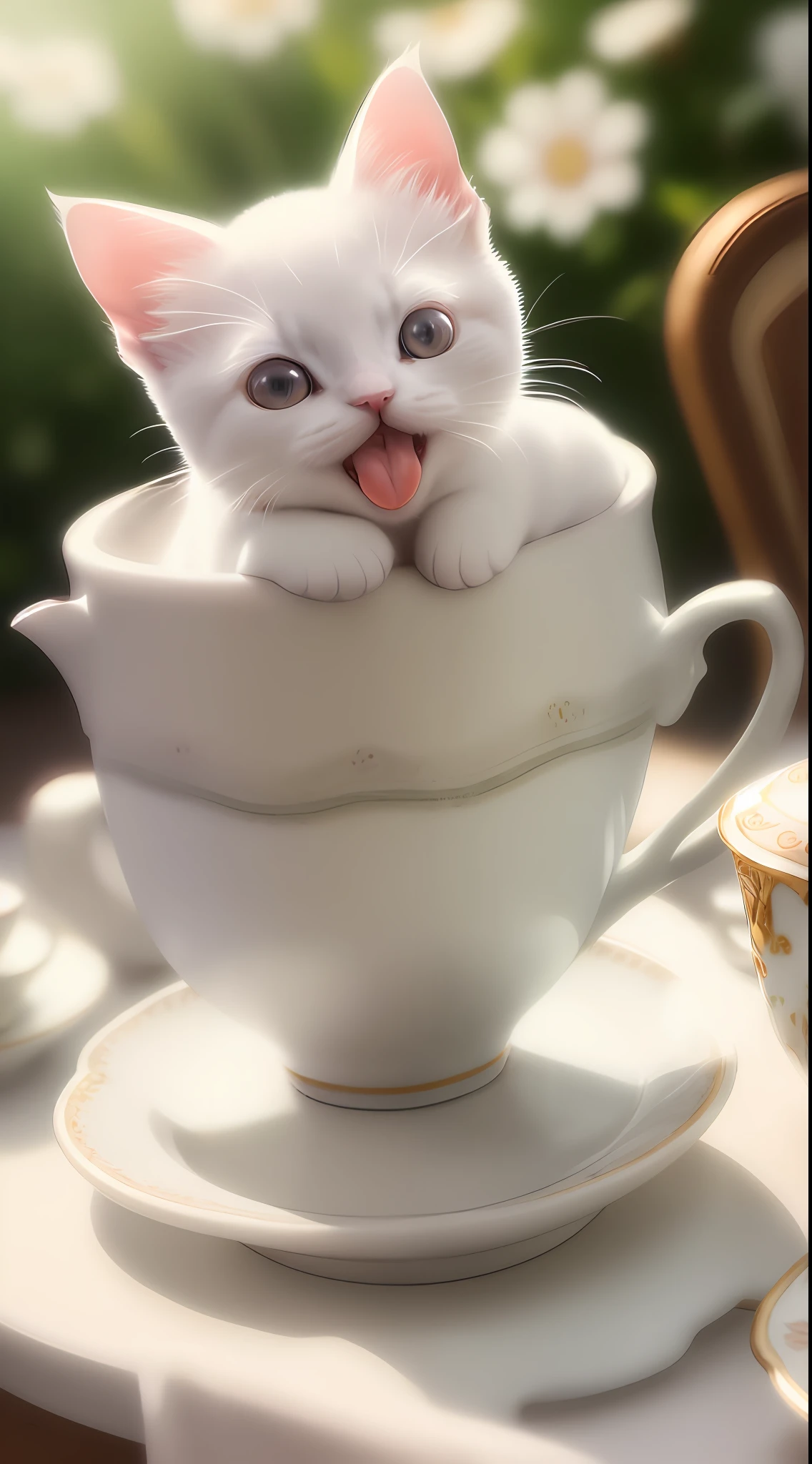 White cat, ((((small)))), in a teacup, showing face, sticking out tongue, sticking out the front paws, 8k, professional photo, delicate, clear, on the table, in the house, sunshine, light leak, masterpiece, ((pretty))), (fashionable teacup), stuffed, face a little bigger, fluffy